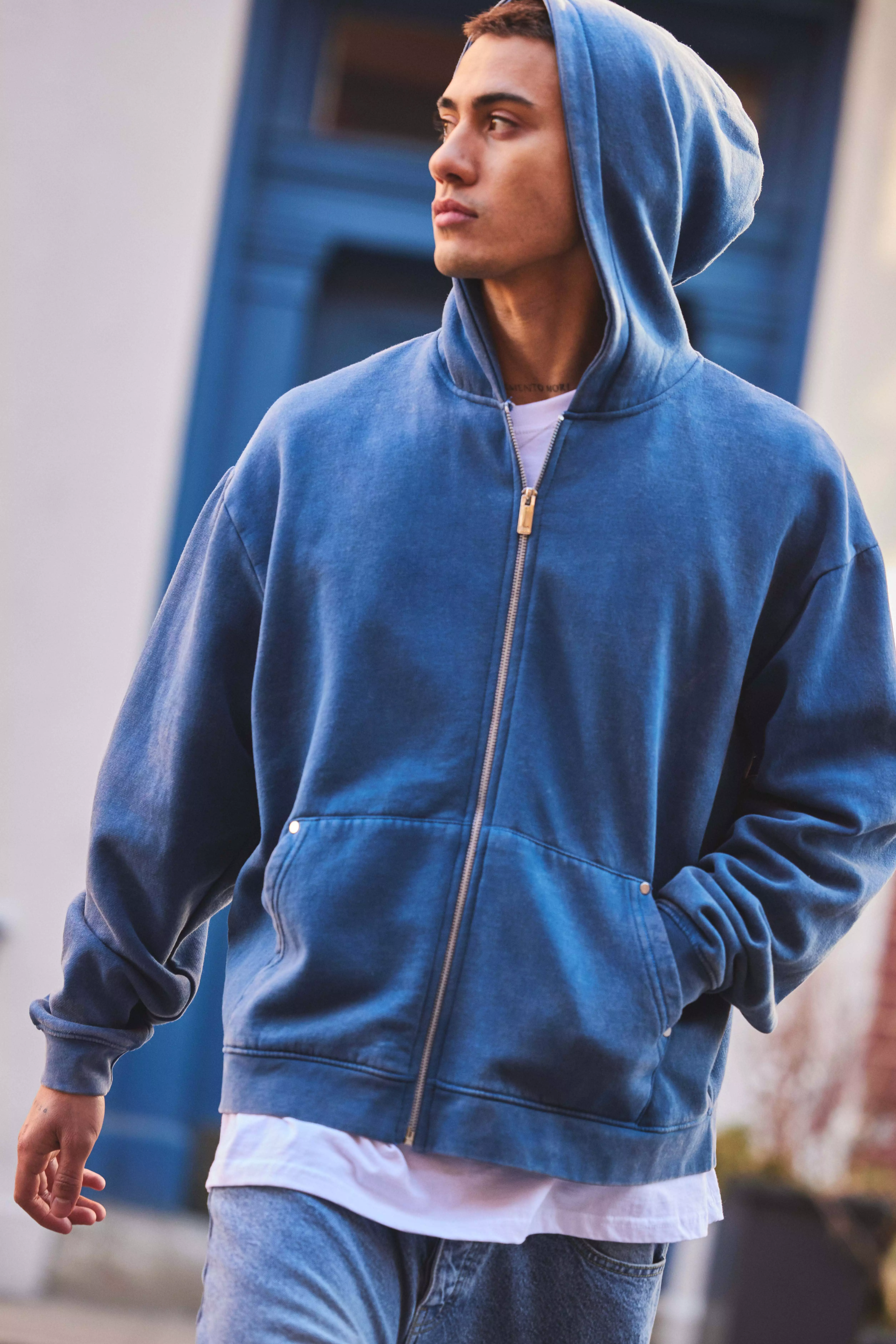 Blue Oversized Boxy Zip Through Denim Wash Hoodie alternative image