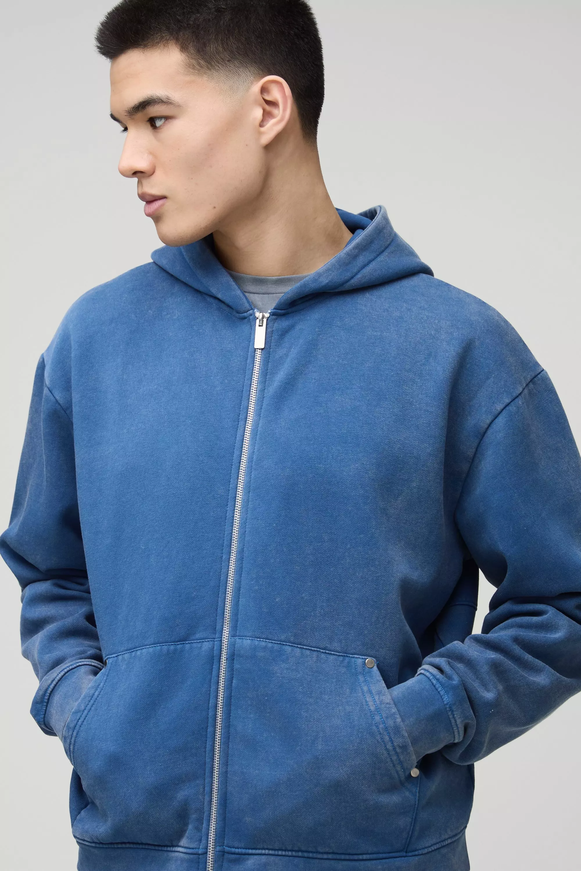 Blue Oversized Boxy Zip Through Denim Wash Hoodie alternative image