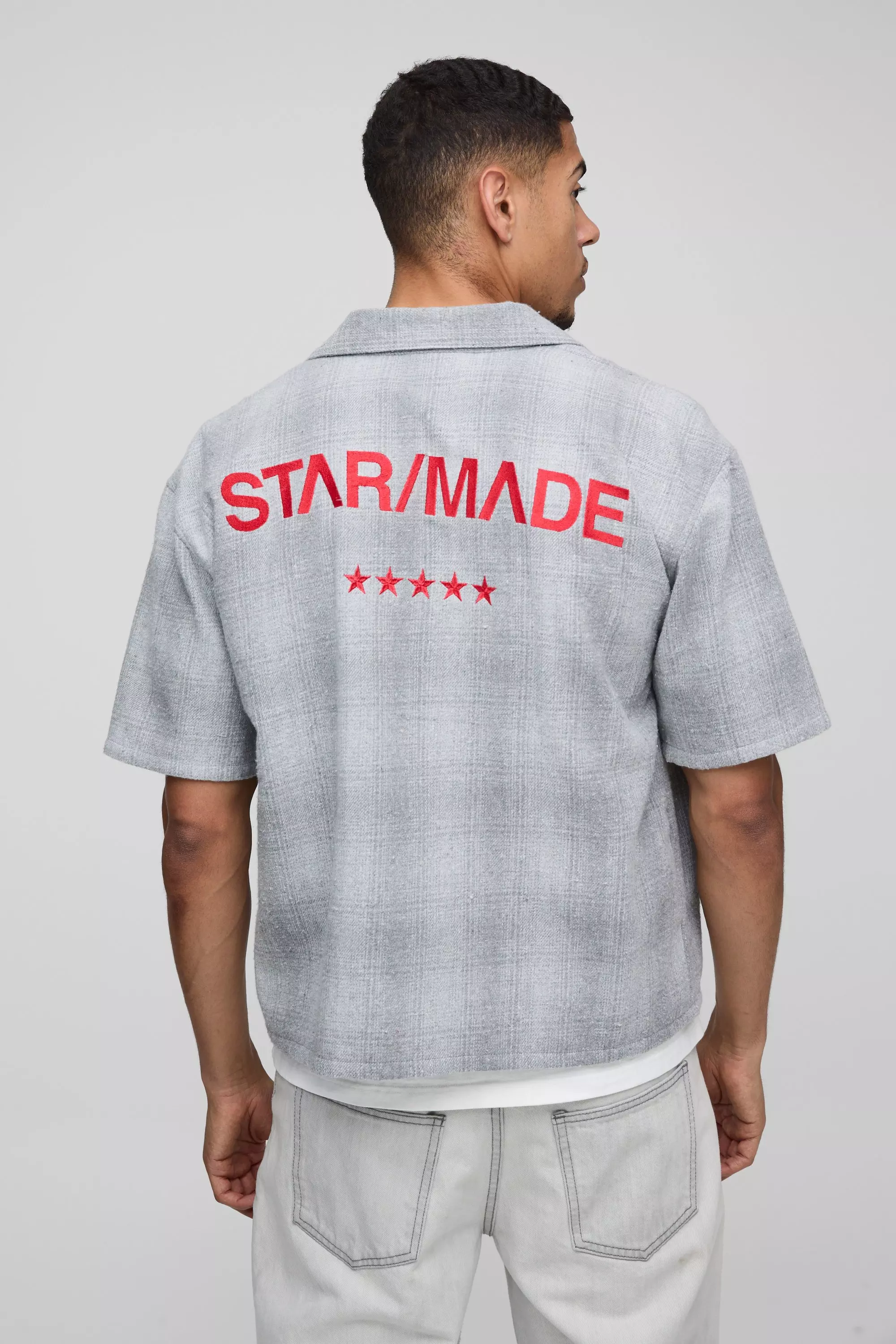 Oversized Boxy Star Made Embroidery Slogan Shirt Grey