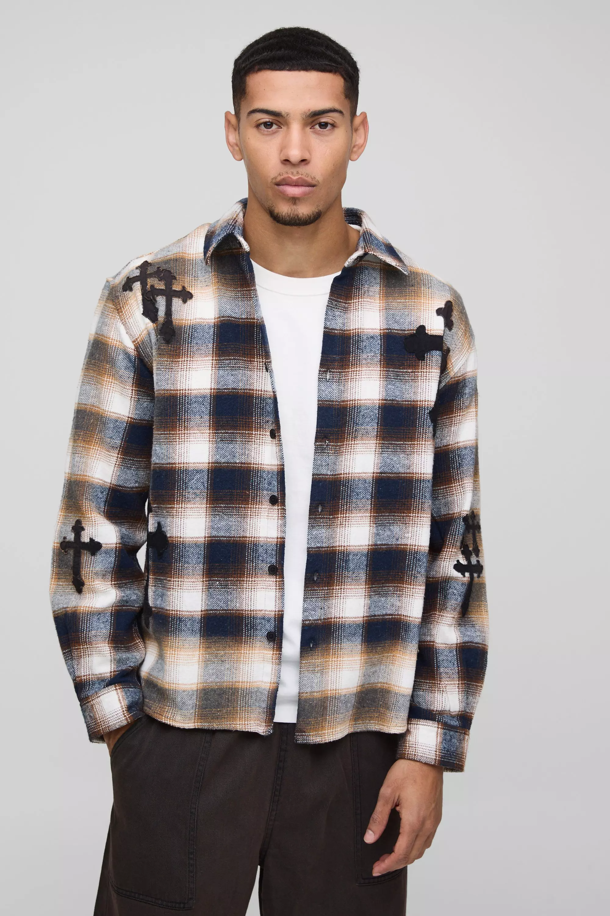 Navy Oversized Cross Applique Bleached Flannel Shirt alternative image