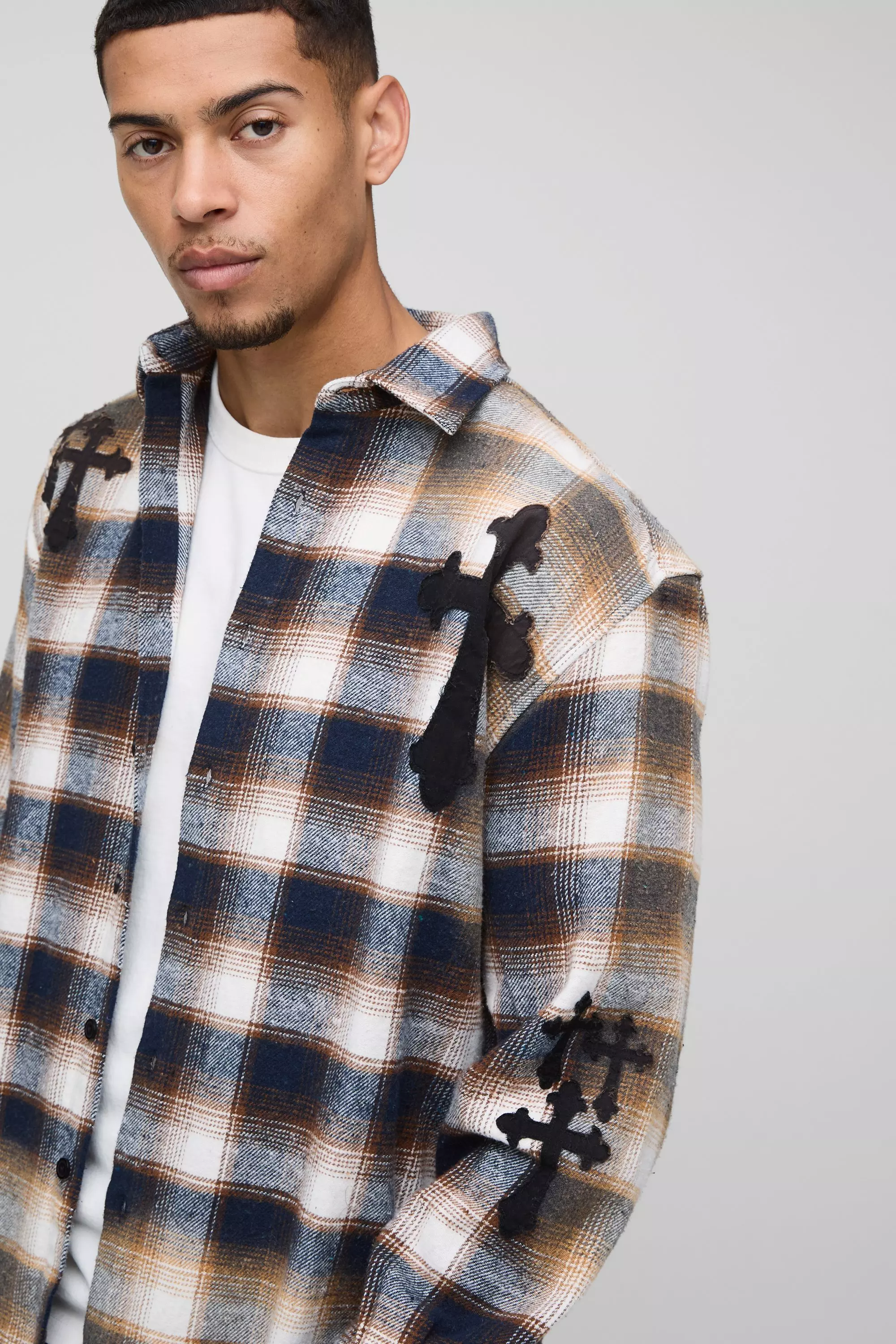 Navy Oversized Cross Applique Bleached Flannel Shirt alternative image