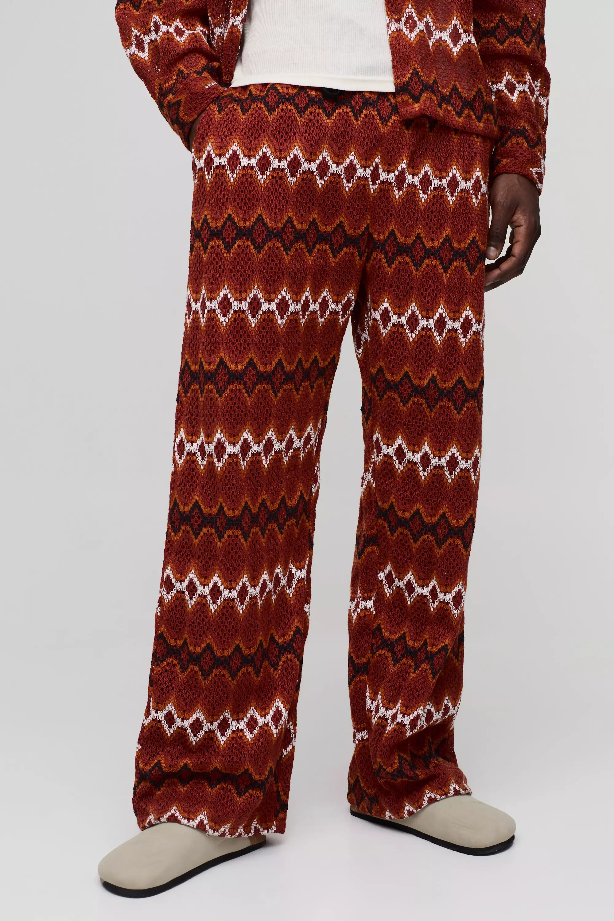Rust Regular Fit Wide Leg Crochet Zig Zag Trouser alternative image