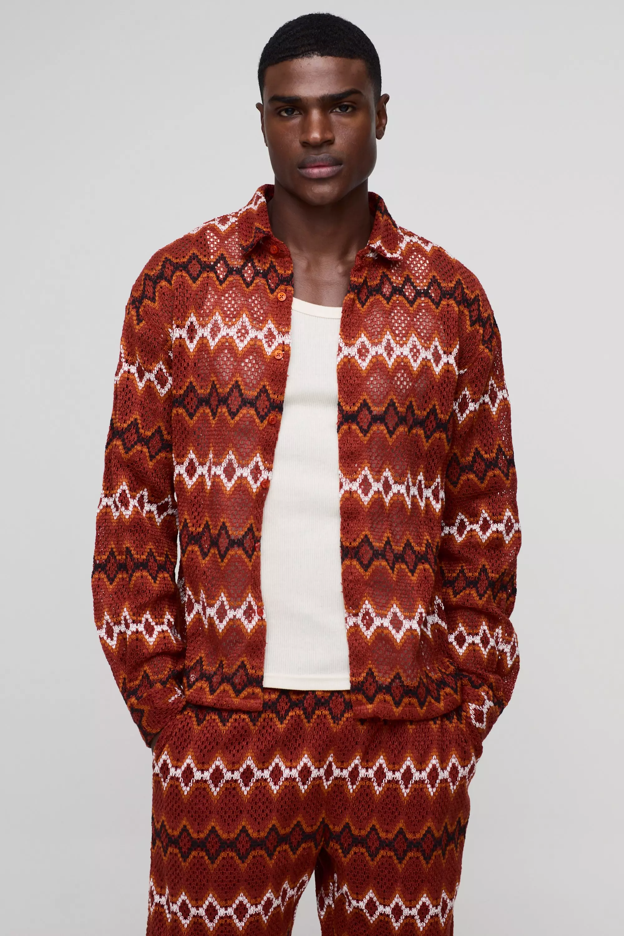 Rust Relaxed Long Sleeve Crochet Zig Zag Shirt alternative image