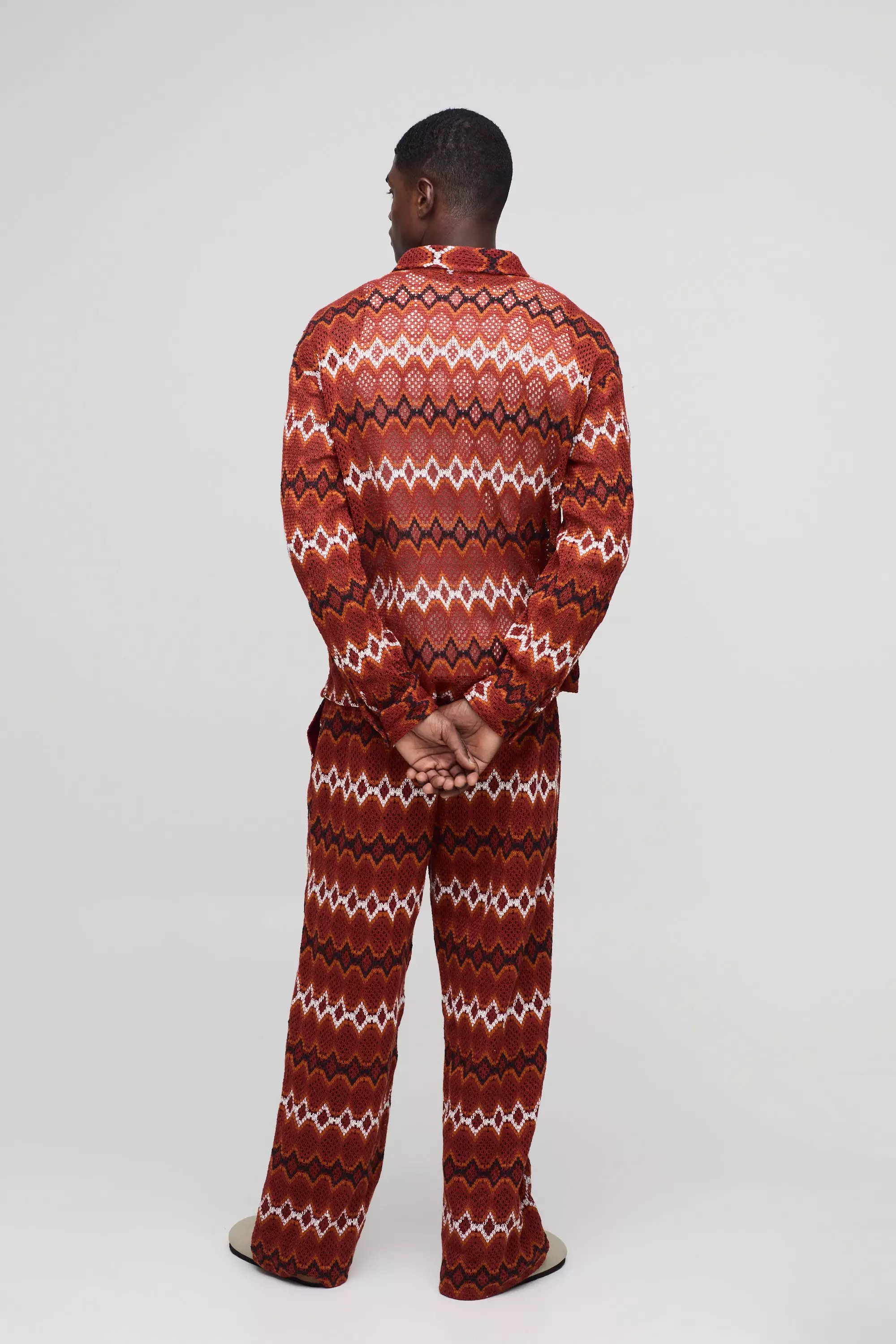 Rust Relaxed Long Sleeve Crochet Zig Zag Shirt alternative image