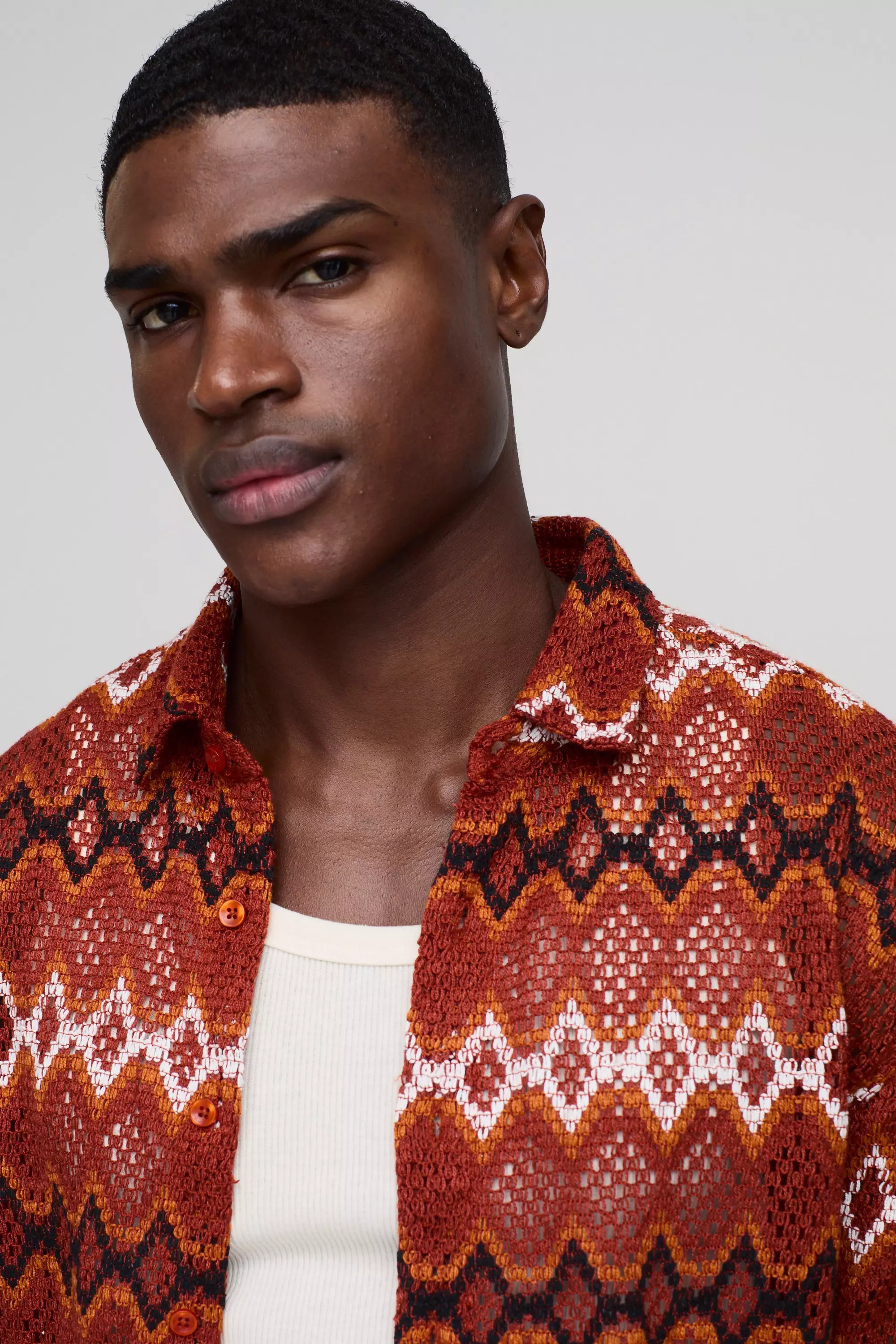 Rust Relaxed Long Sleeve Crochet Zig Zag Shirt alternative image