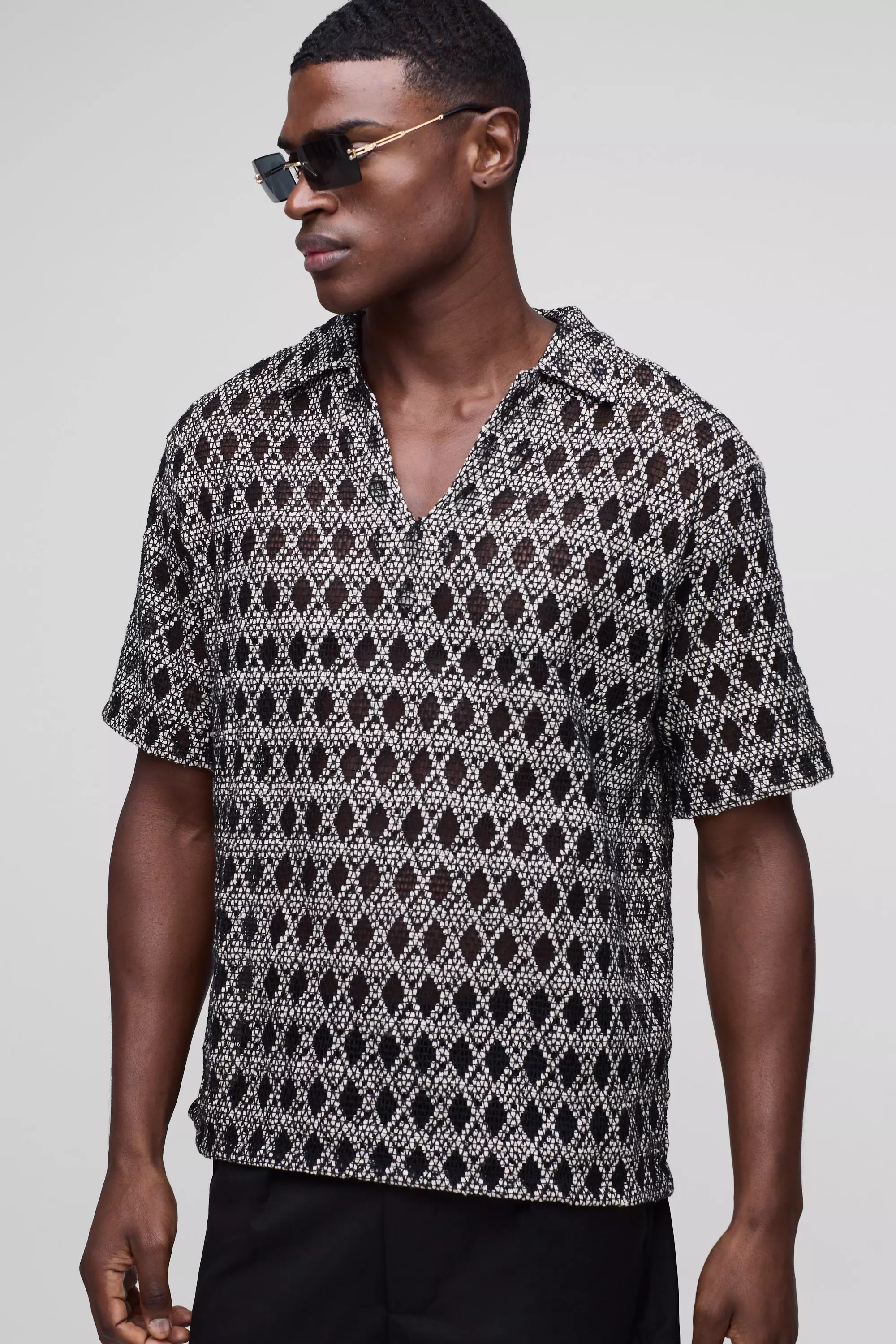 Chemise oversize à col V en crochet, Black autre image