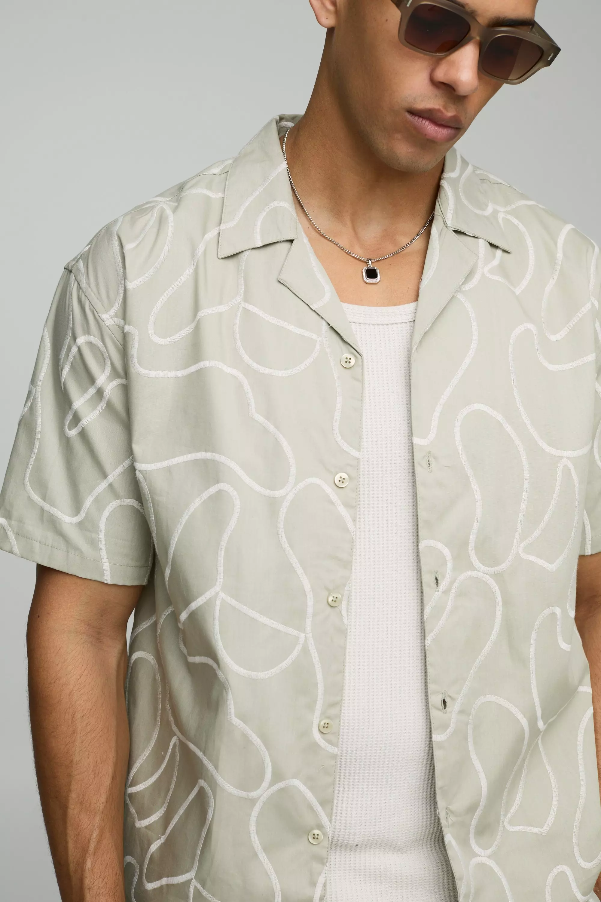 Oversized Linen Look Embroidered Shirt & Relaxed Short Set | boohooMAN USA