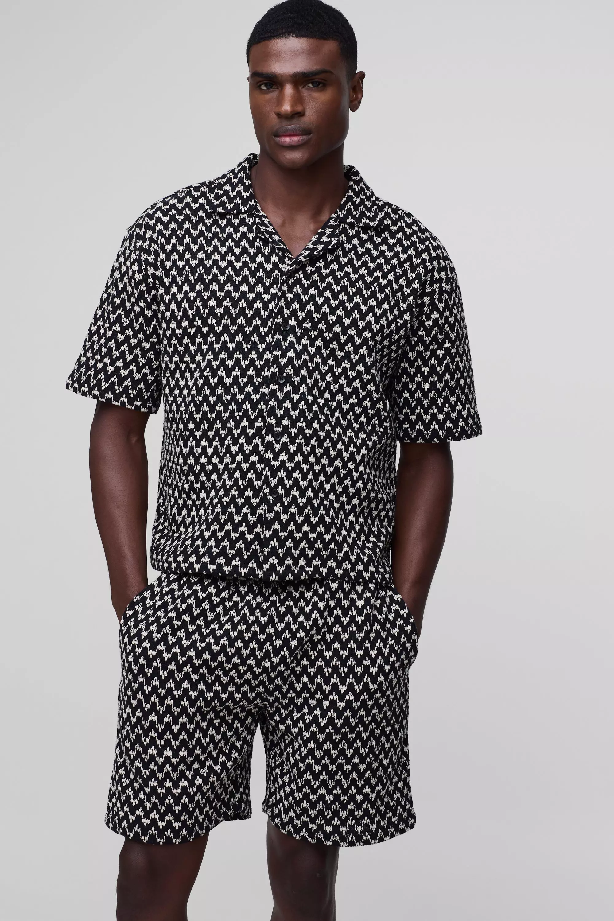 Black Oversized Boxy Crochet Shirt & Relaxed Short Set alternative image