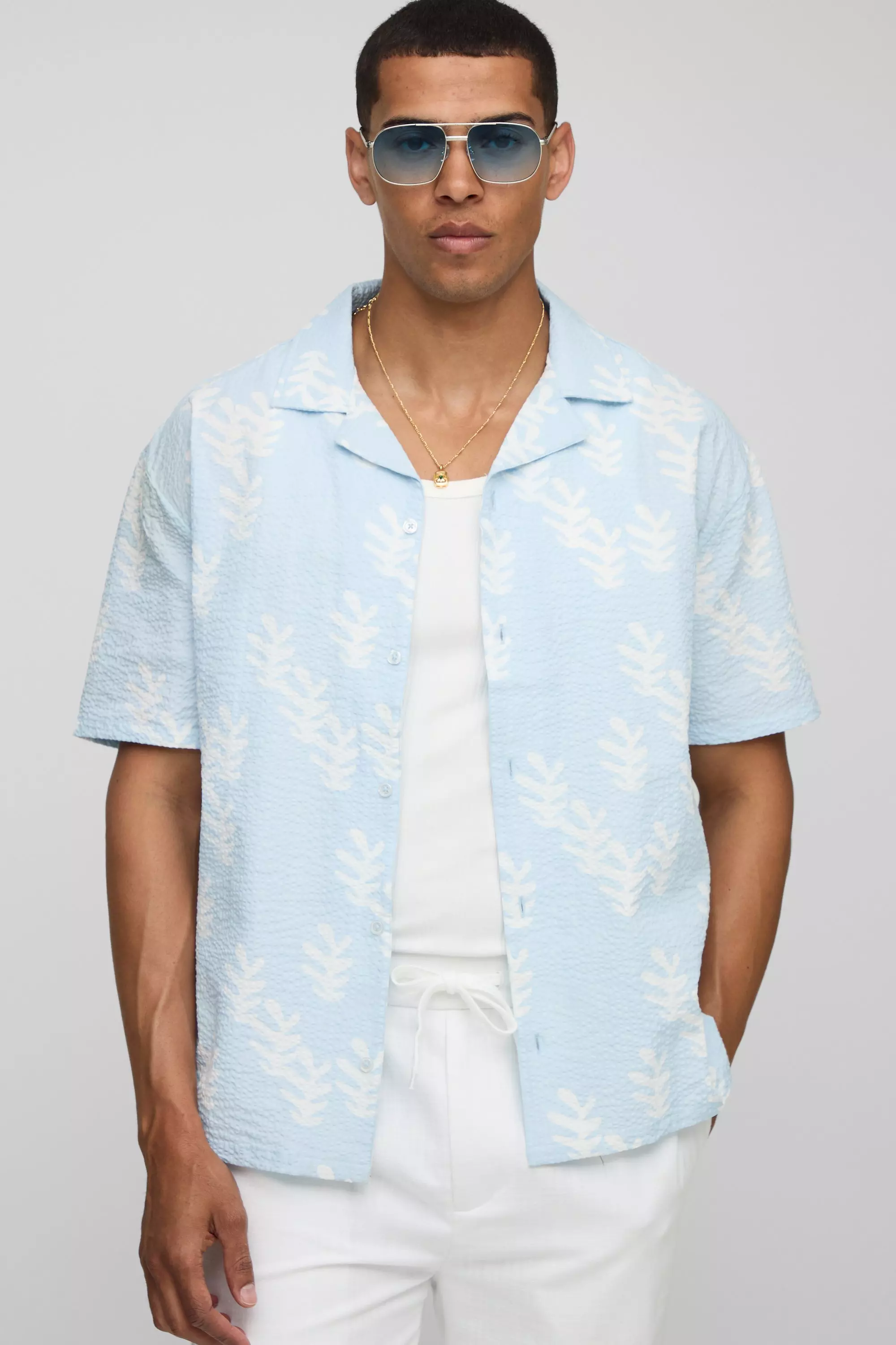 Light Brown Oversized Leaf AOP Seersucker Shirt