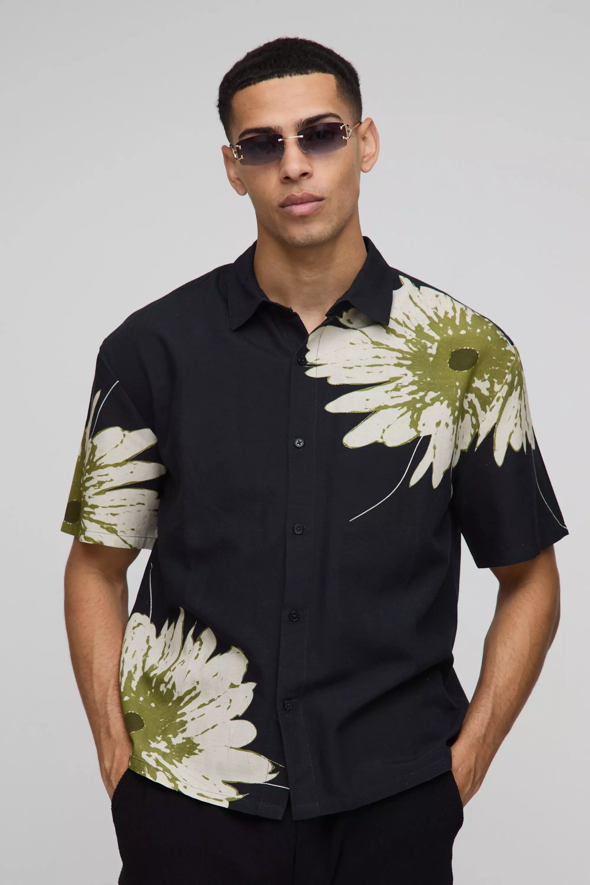 Oversized Floral Print Linen Look Shirt Black