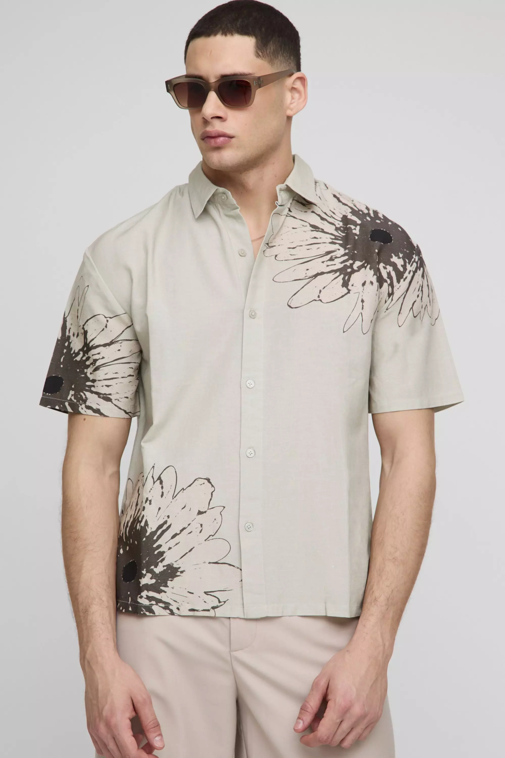 Oversized Floral Print Linen Look Shirt Stone