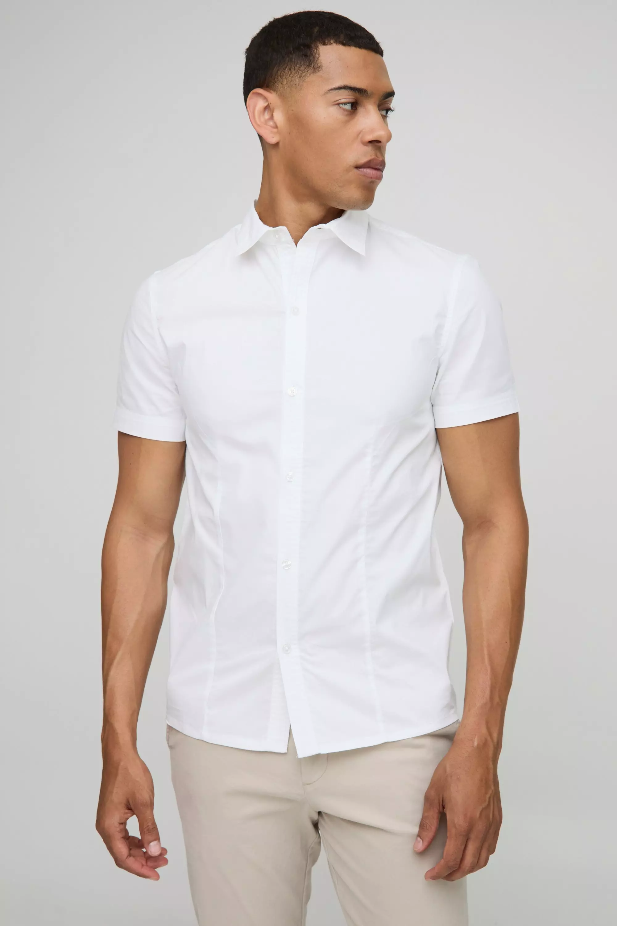 White Slim Fit Basic Short Sleeve Collared