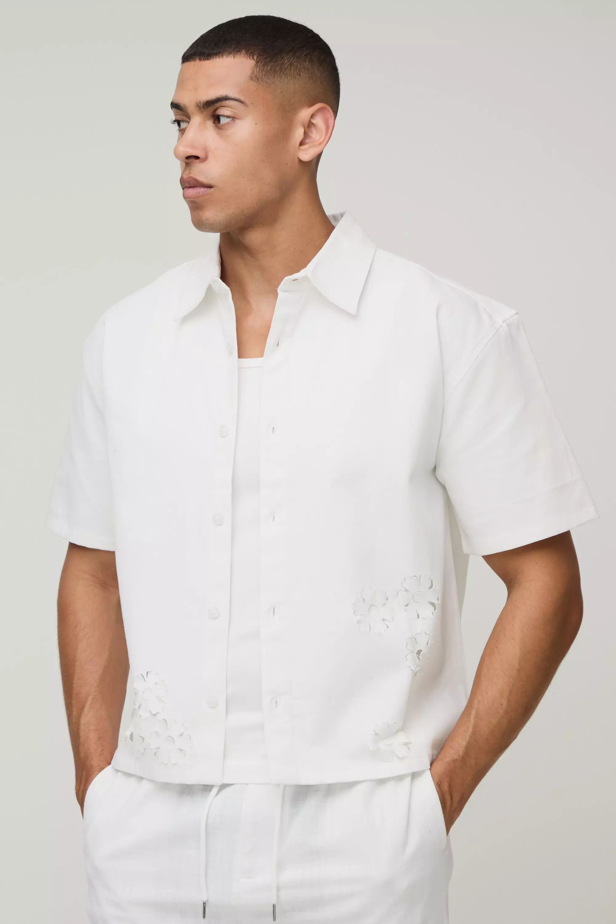 Oversized Boxy Laser Cut Floral Twill Shirt | boohooMAN USA