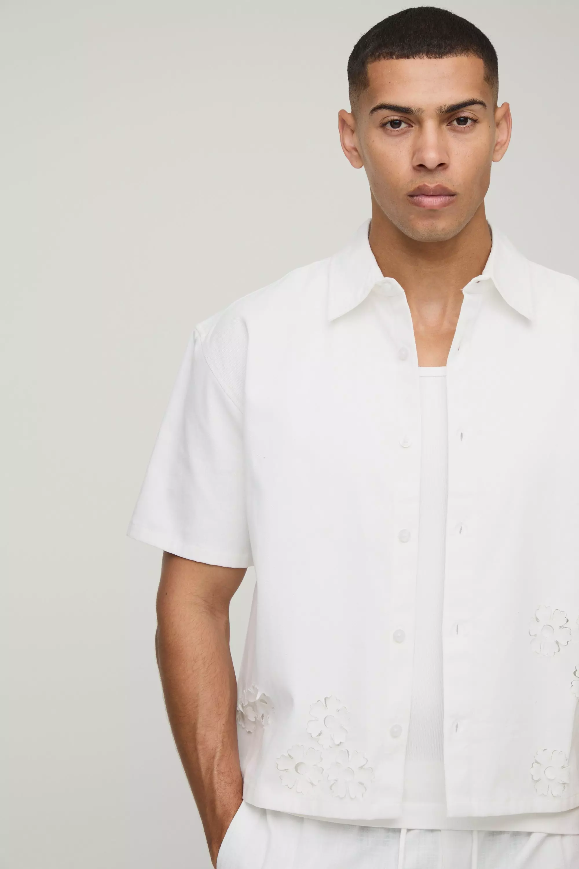 Oversized Boxy Laser Cut Floral Twill Shirt | boohooMAN USA