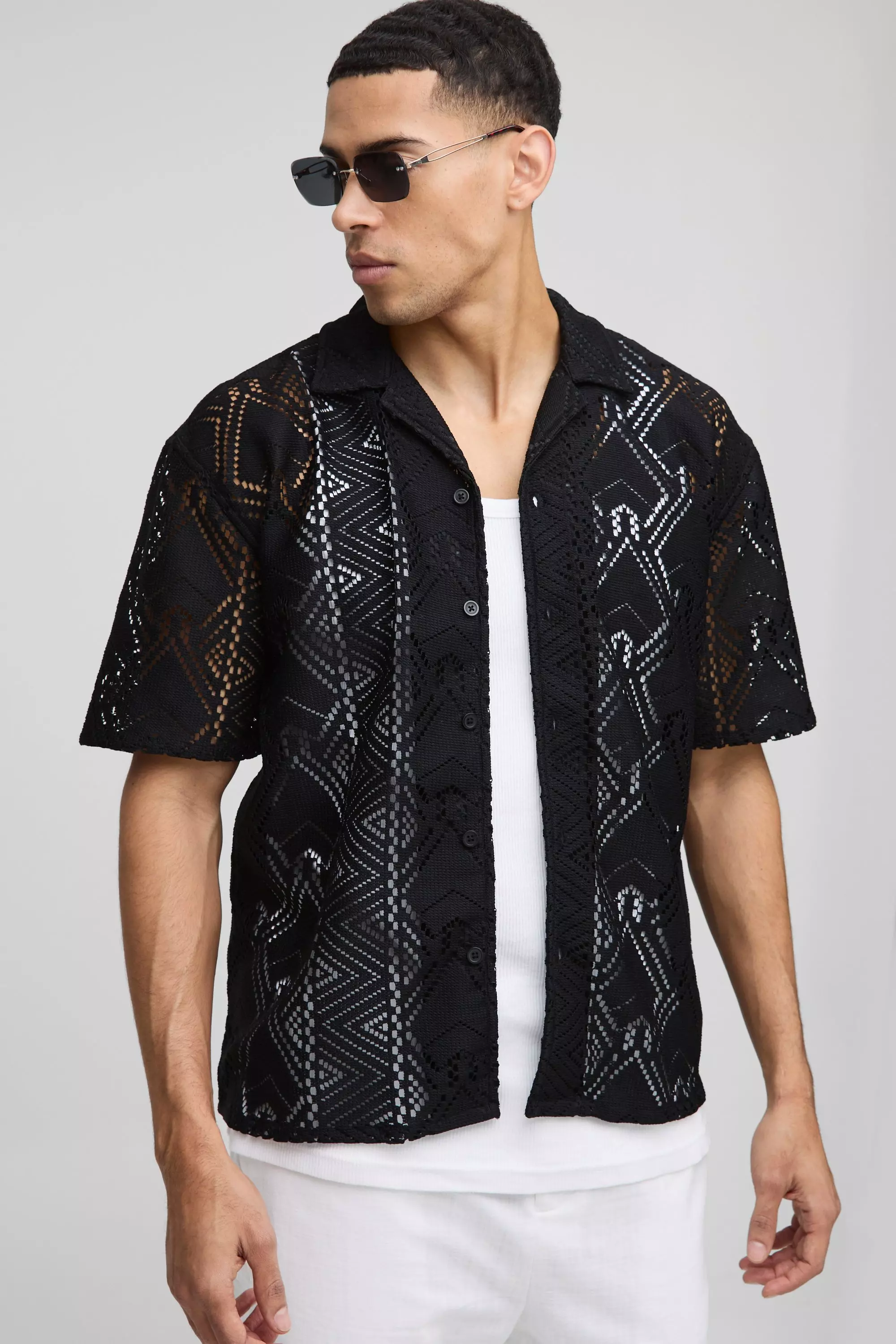 Black Oversized Official Homme Embroidered Open Weave Shirt alternative image
