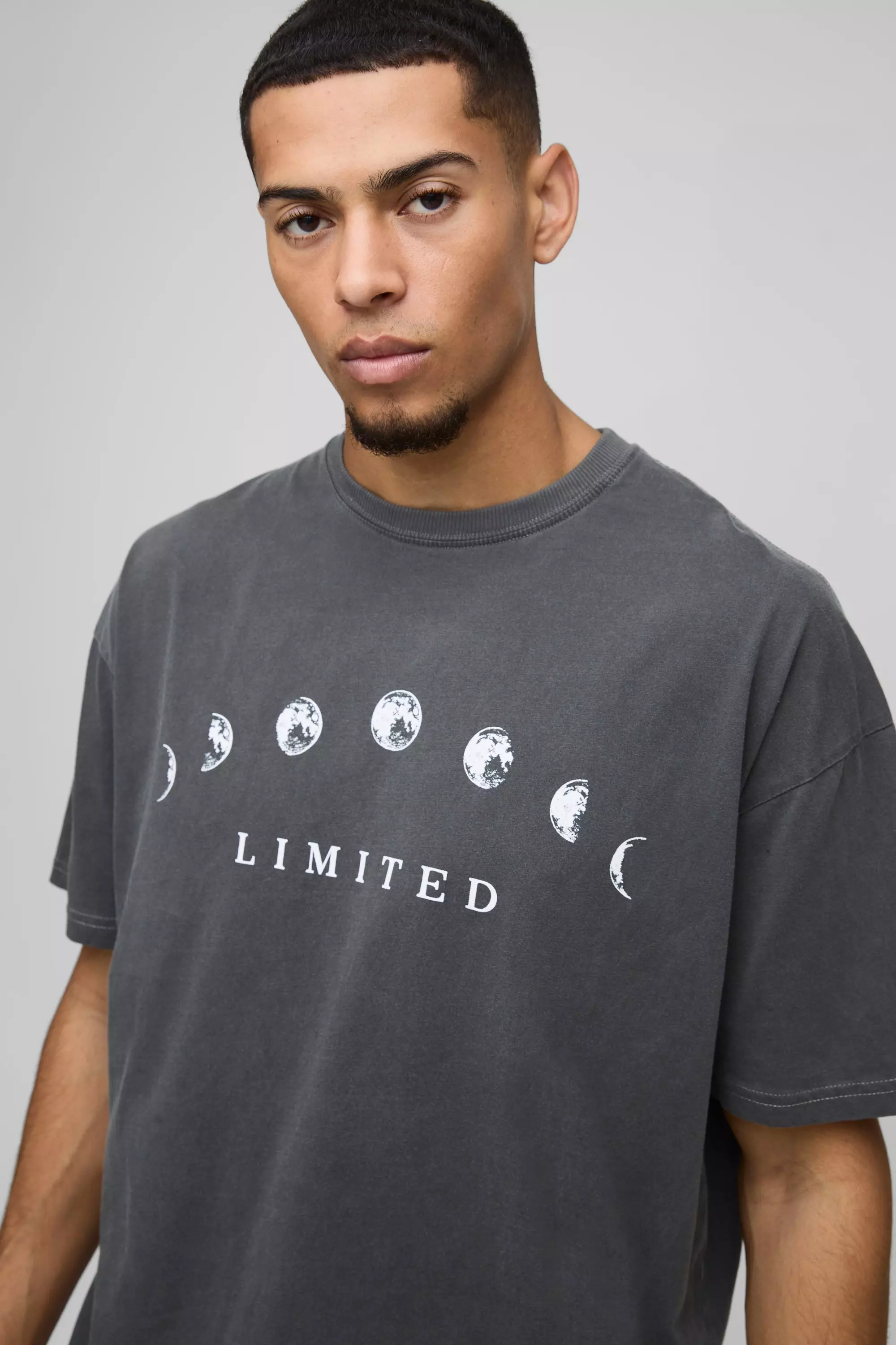 T-shirt oversize délavé à imprimé espace, Charcoal autre image