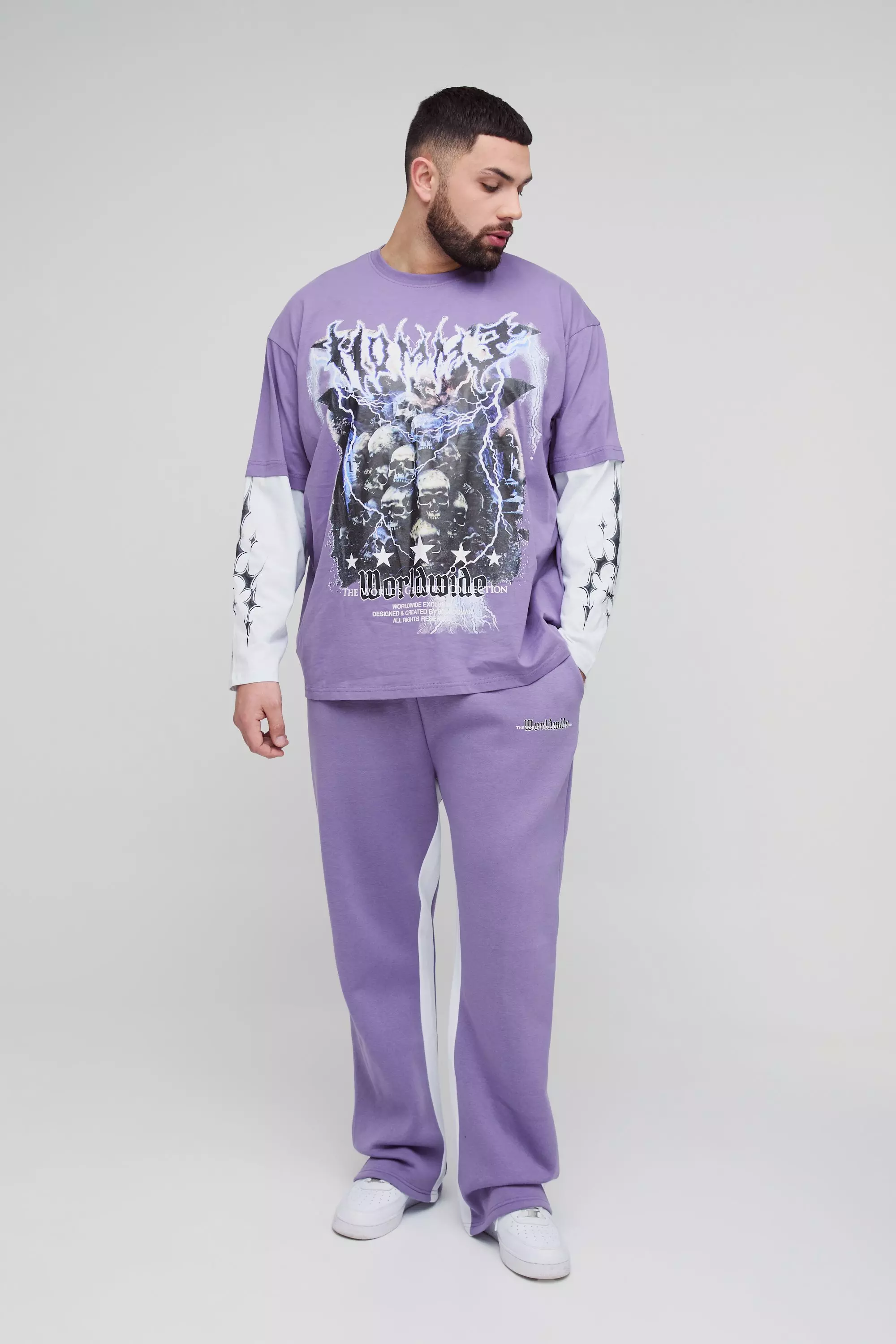 Plus Homme Grunge Print Oversized Faux Layer T-shirt sand Gusset Sweatpants Set | boohooMAN USA