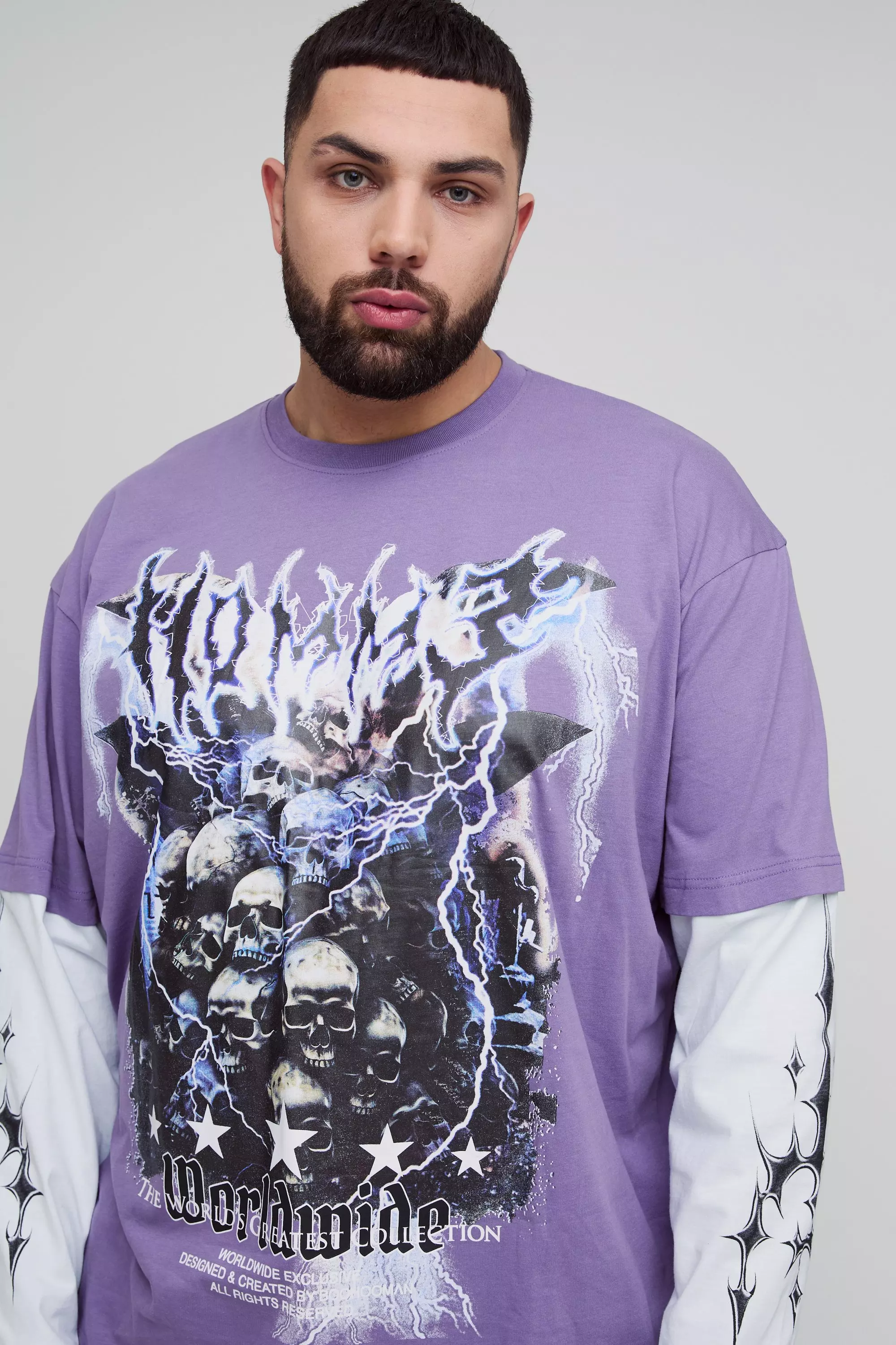 Plus Homme Grunge Print Oversized Faux Layer T-shirt sand Gusset Sweatpants Set | boohooMAN USA