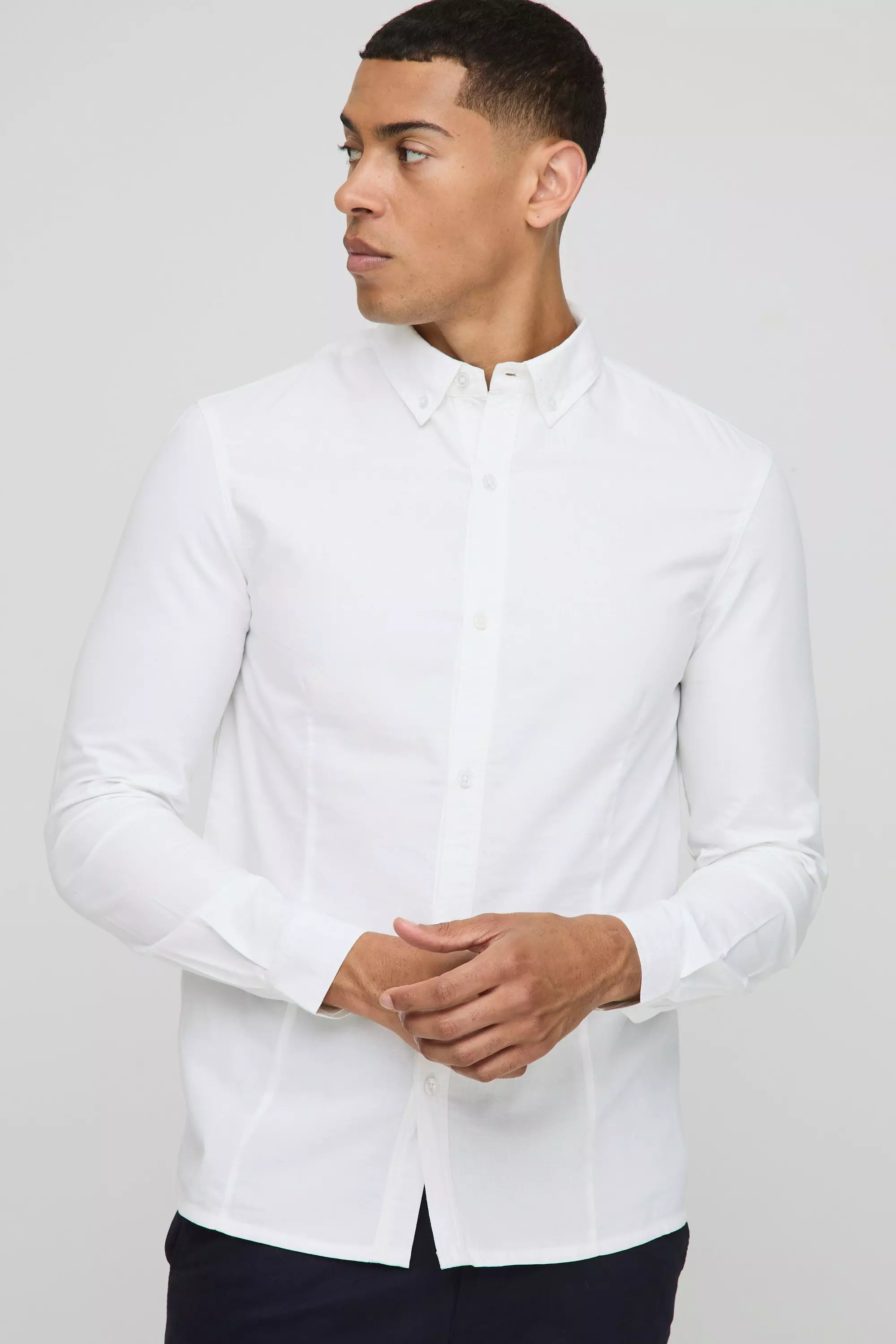 White Slim Fit Button Down Collar Oxford Long Sleeve Shirt