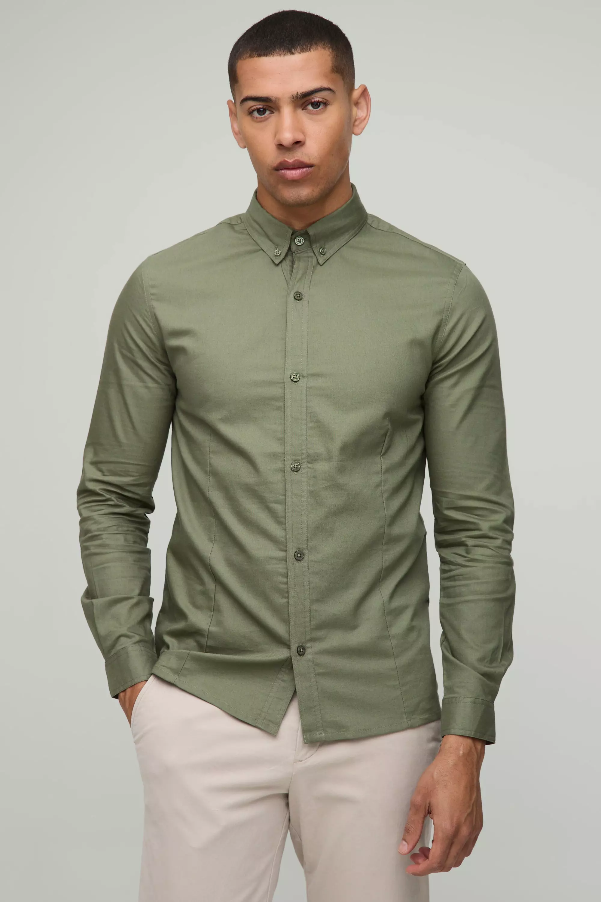 Slim Fit Button Down Collar Oxford Long Sleeve Shirt Khaki