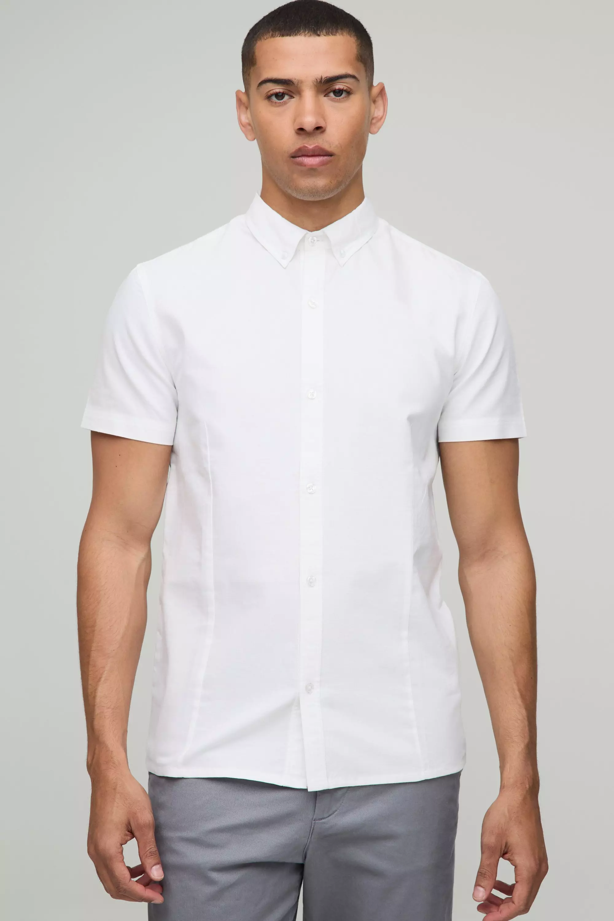 Slim Fit Button Down Collar Oxford Short Sleeve Shirt White