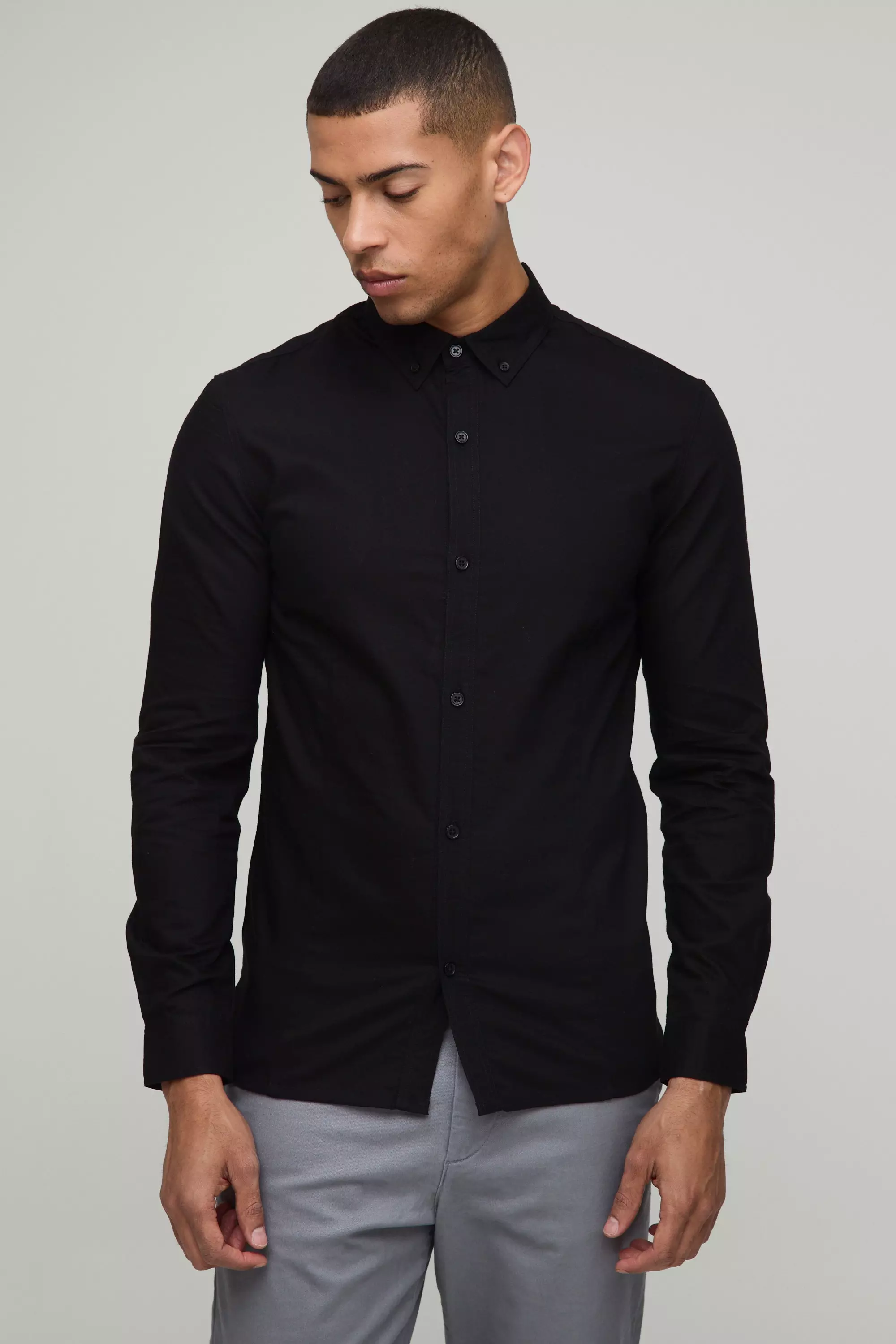 Slim Fit Button Down Collar Oxford Short Sleeve Shirt Black