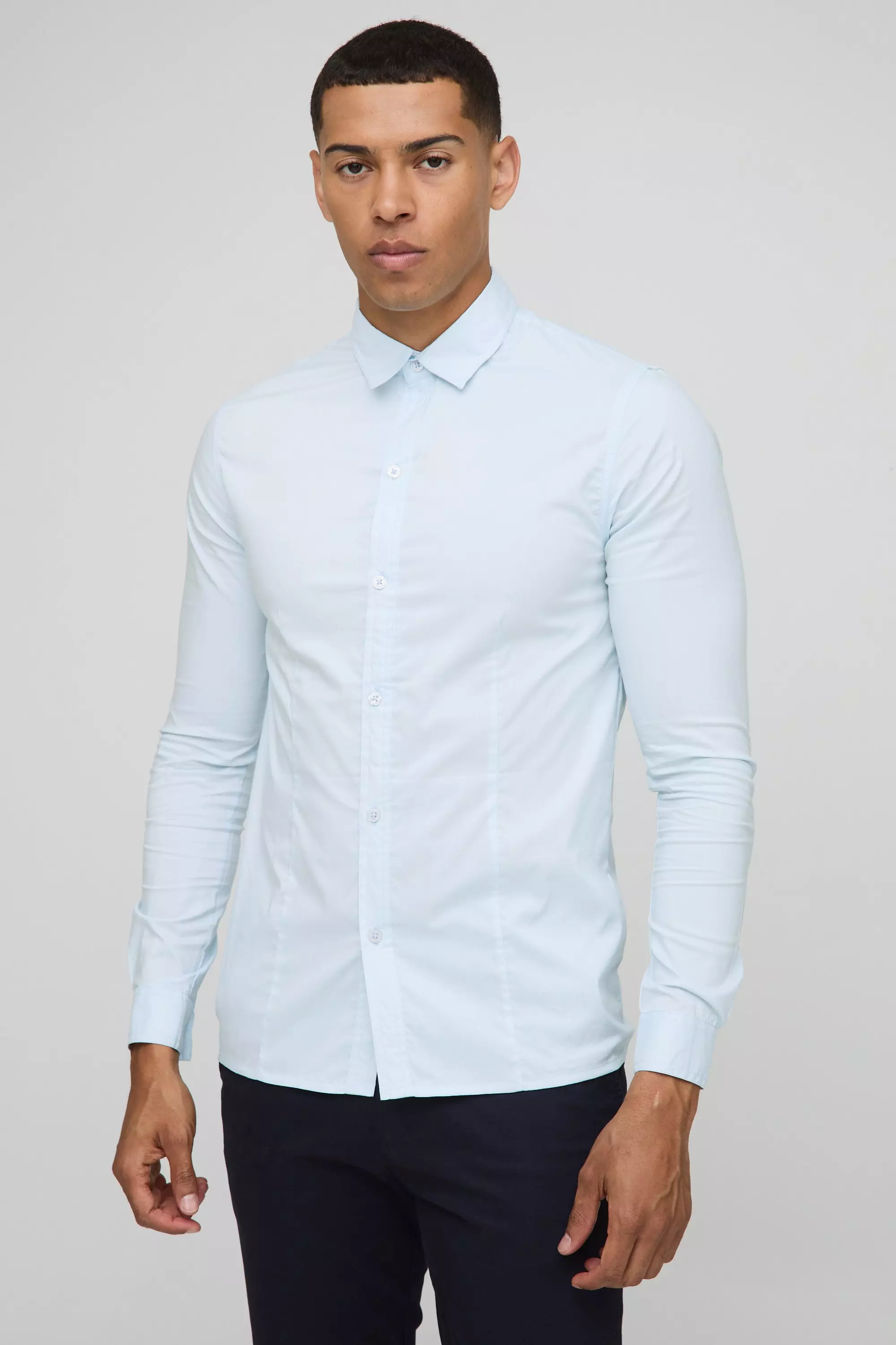Muscle Fit Basic Long Sleeve Collared Shirt Light blue