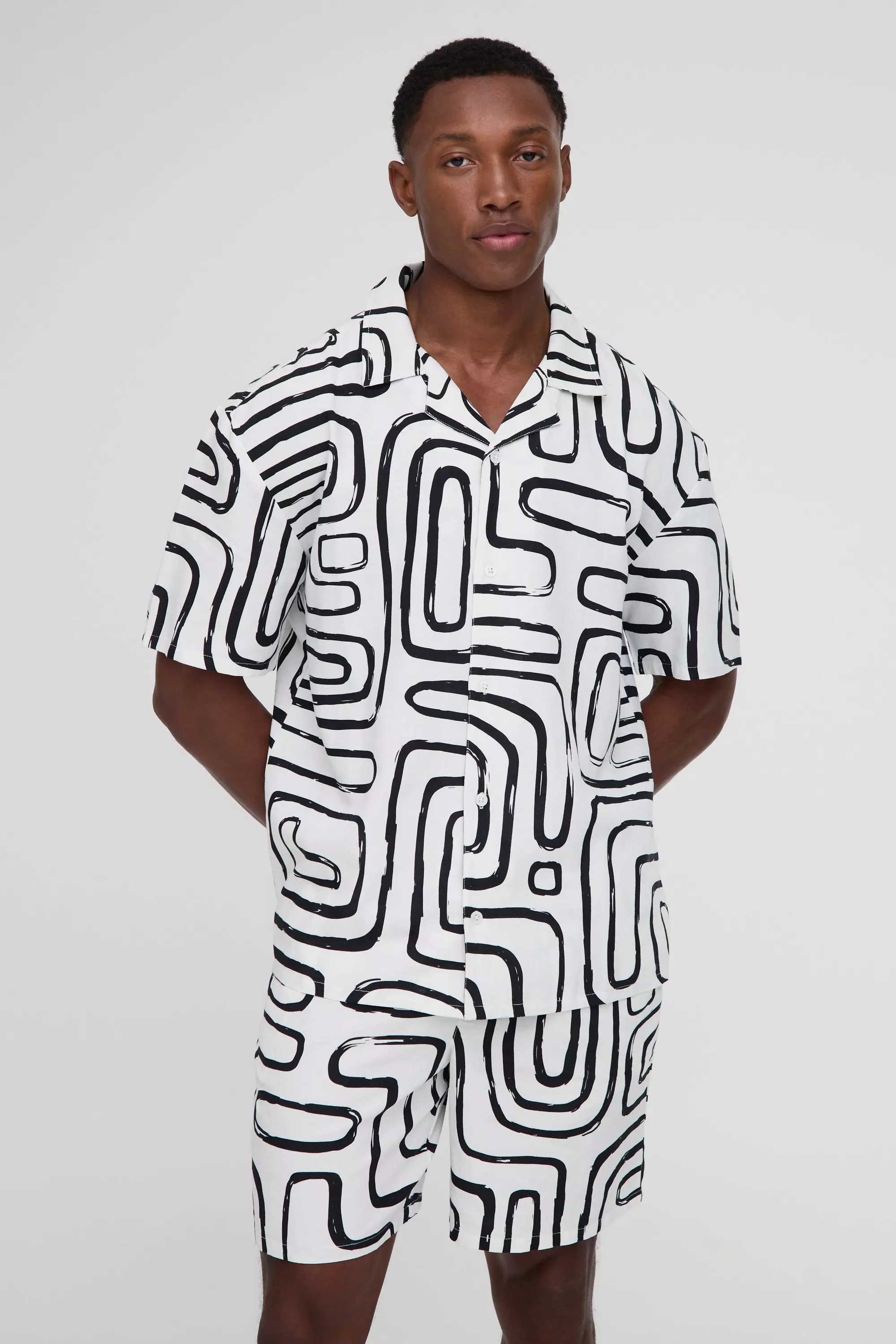 Black Oversized Abstract Linen Look Shirt & Short Set alternative image