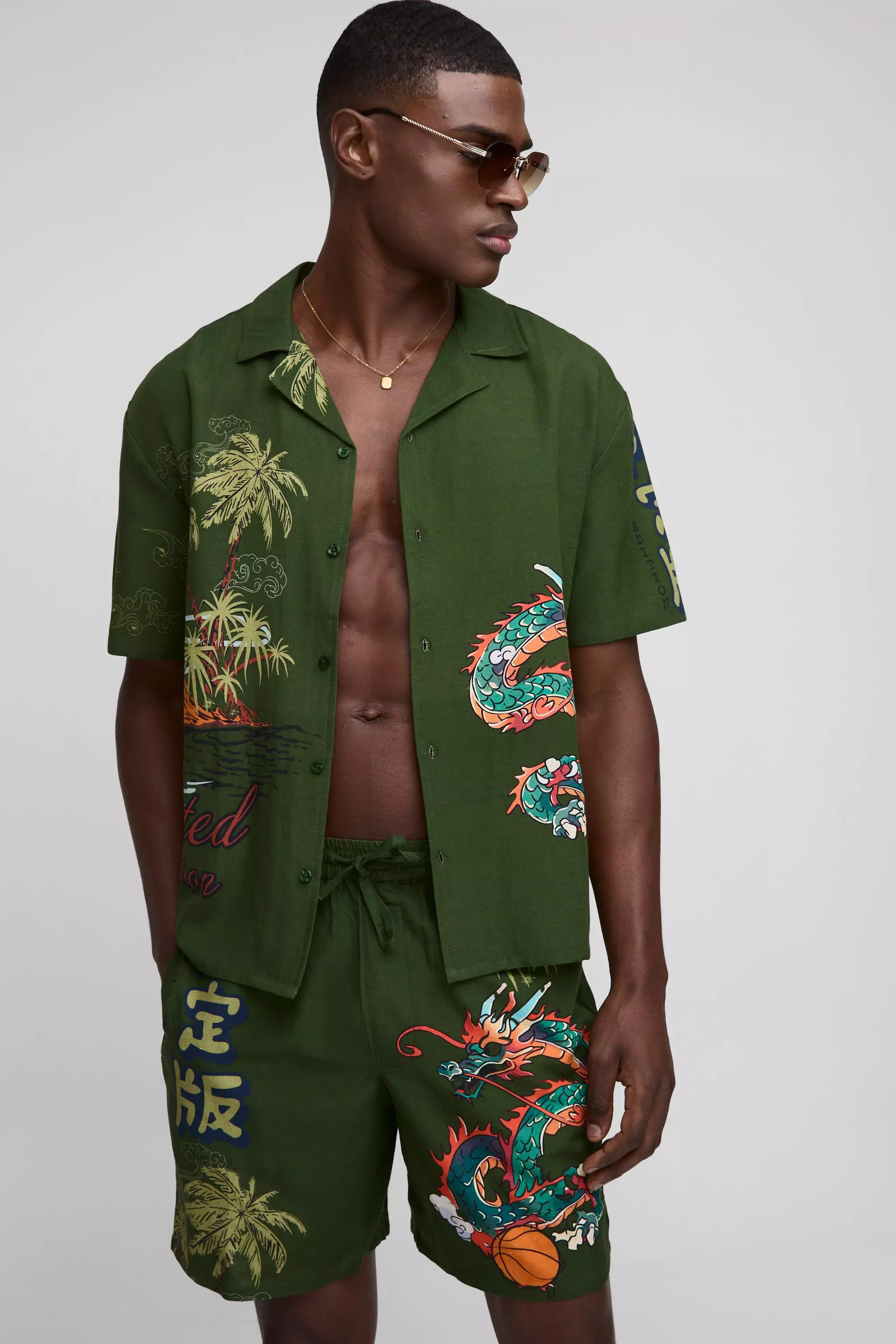 Oversized Dragon Print Linen Look Shirt & Short Set Khaki