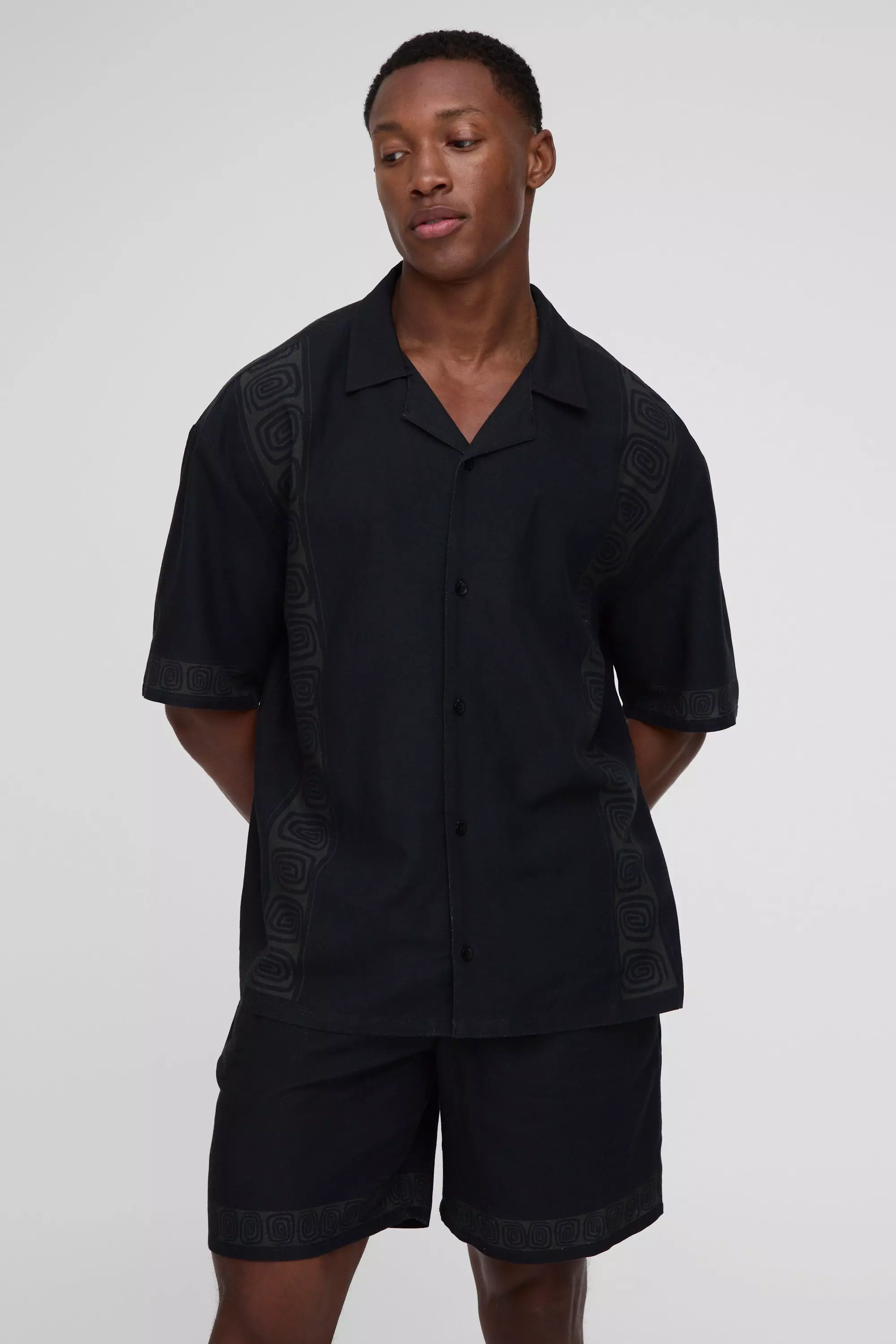 Oversized Linen Look Border Print Shirt & Short Set Black