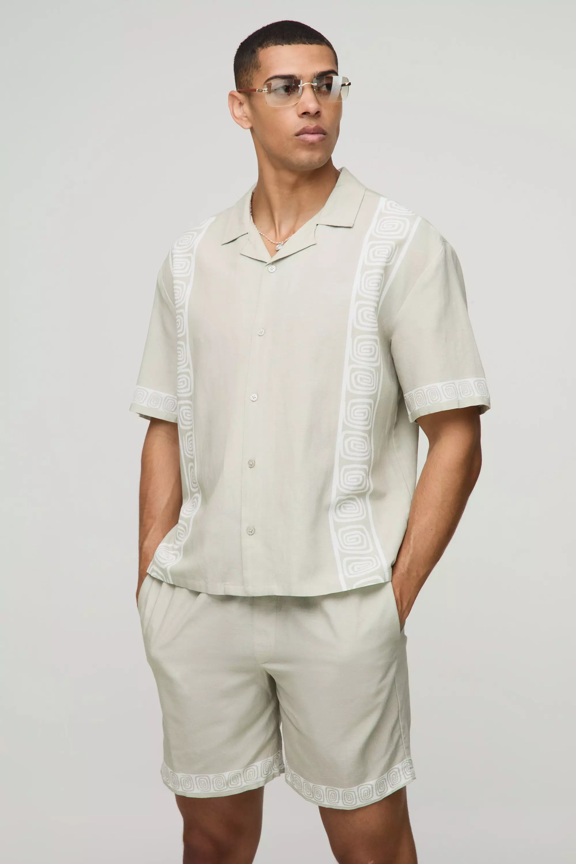 Oversized Linen Look Border Print Shirt & Short Set Stone