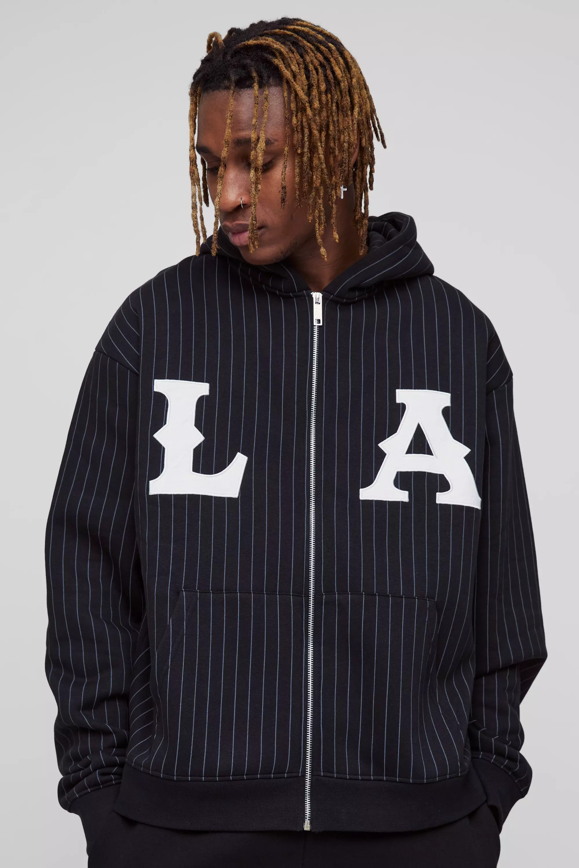 Black Tall Oversized Gestreept Boxy LA Hoodie Met Rits alternatieve afbeelding