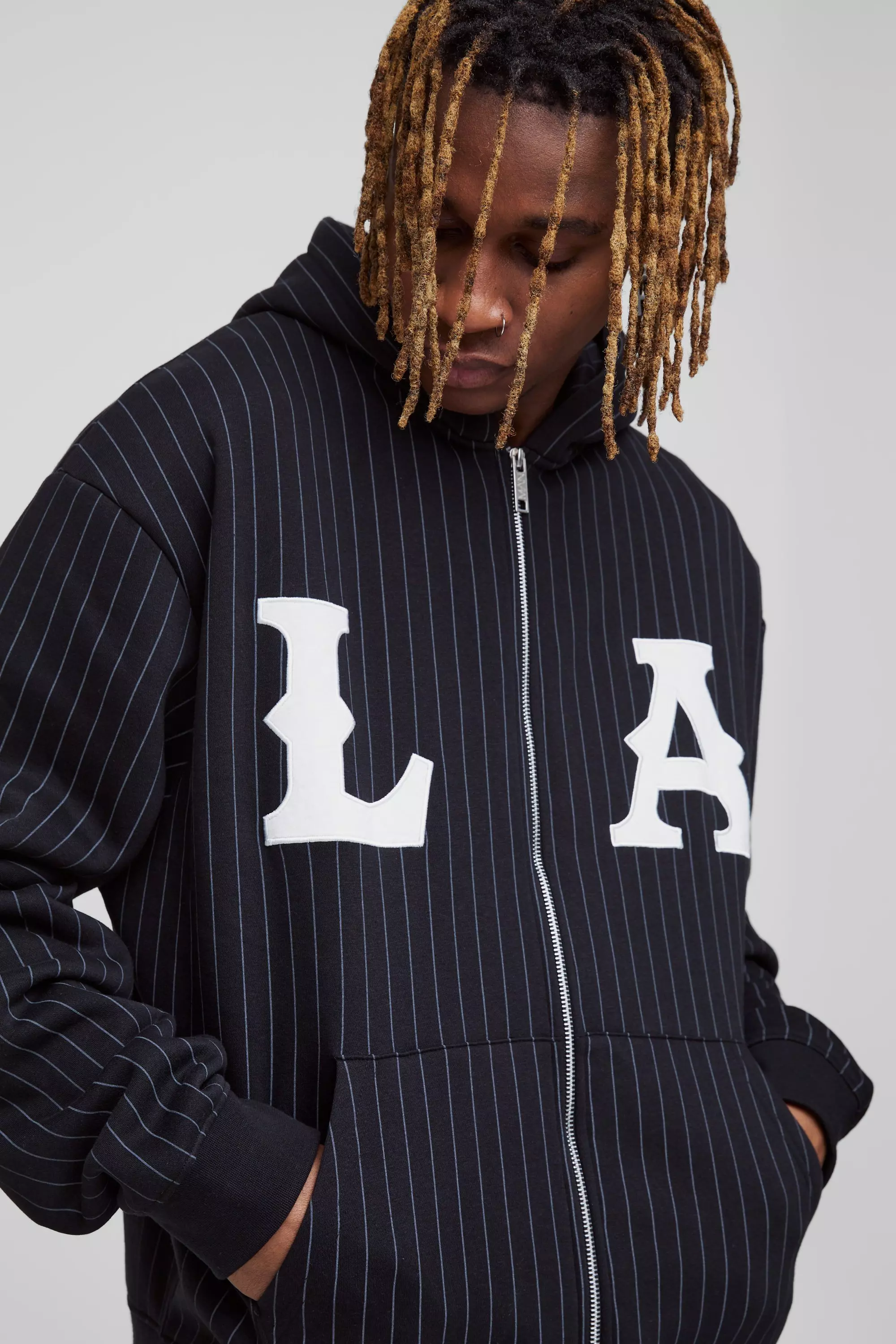 Black Tall Oversized Gestreept Boxy LA Hoodie Met Rits alternatieve afbeelding