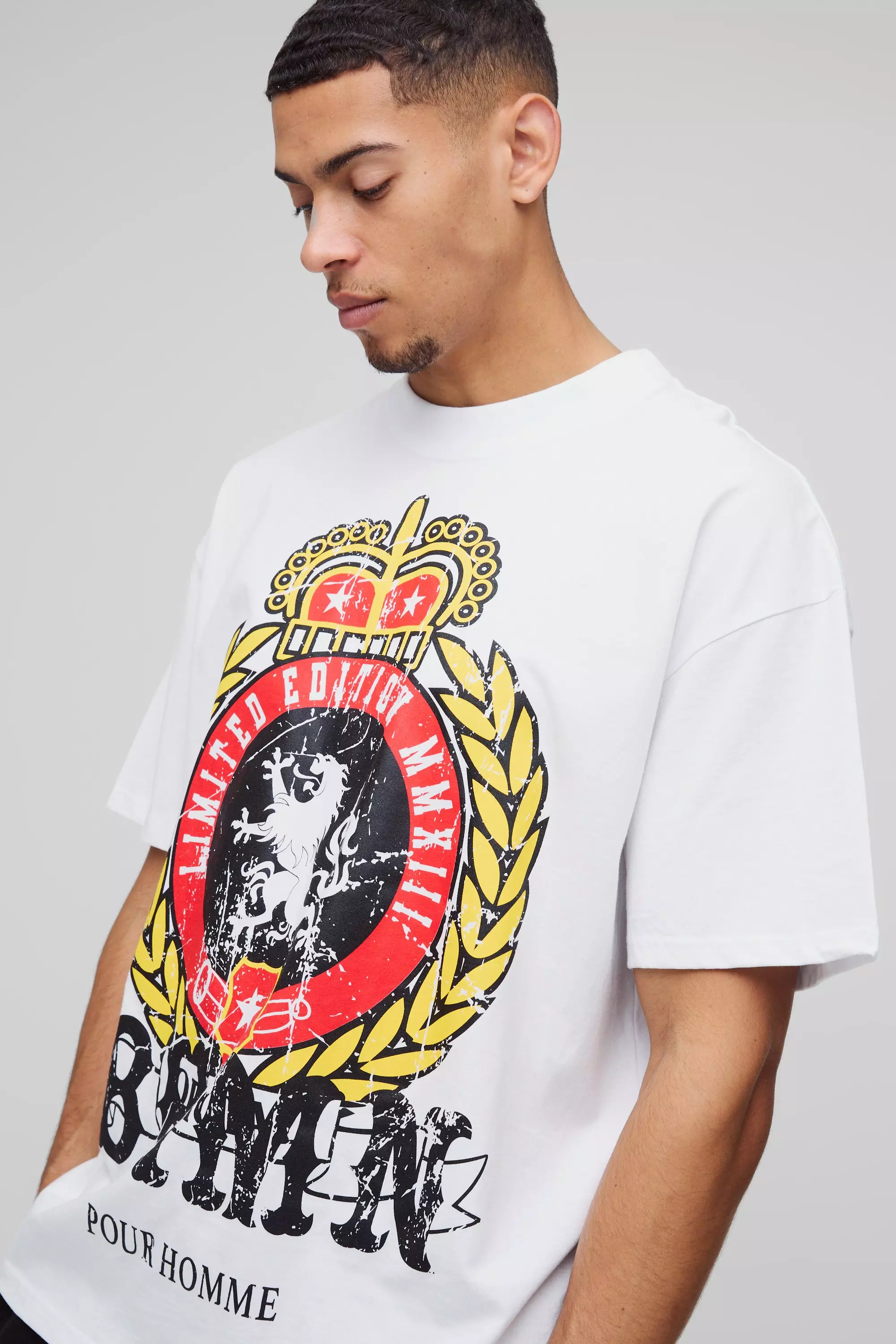 White Oversized Extended Neck BHM Crest Printed T-Shirt alternative image