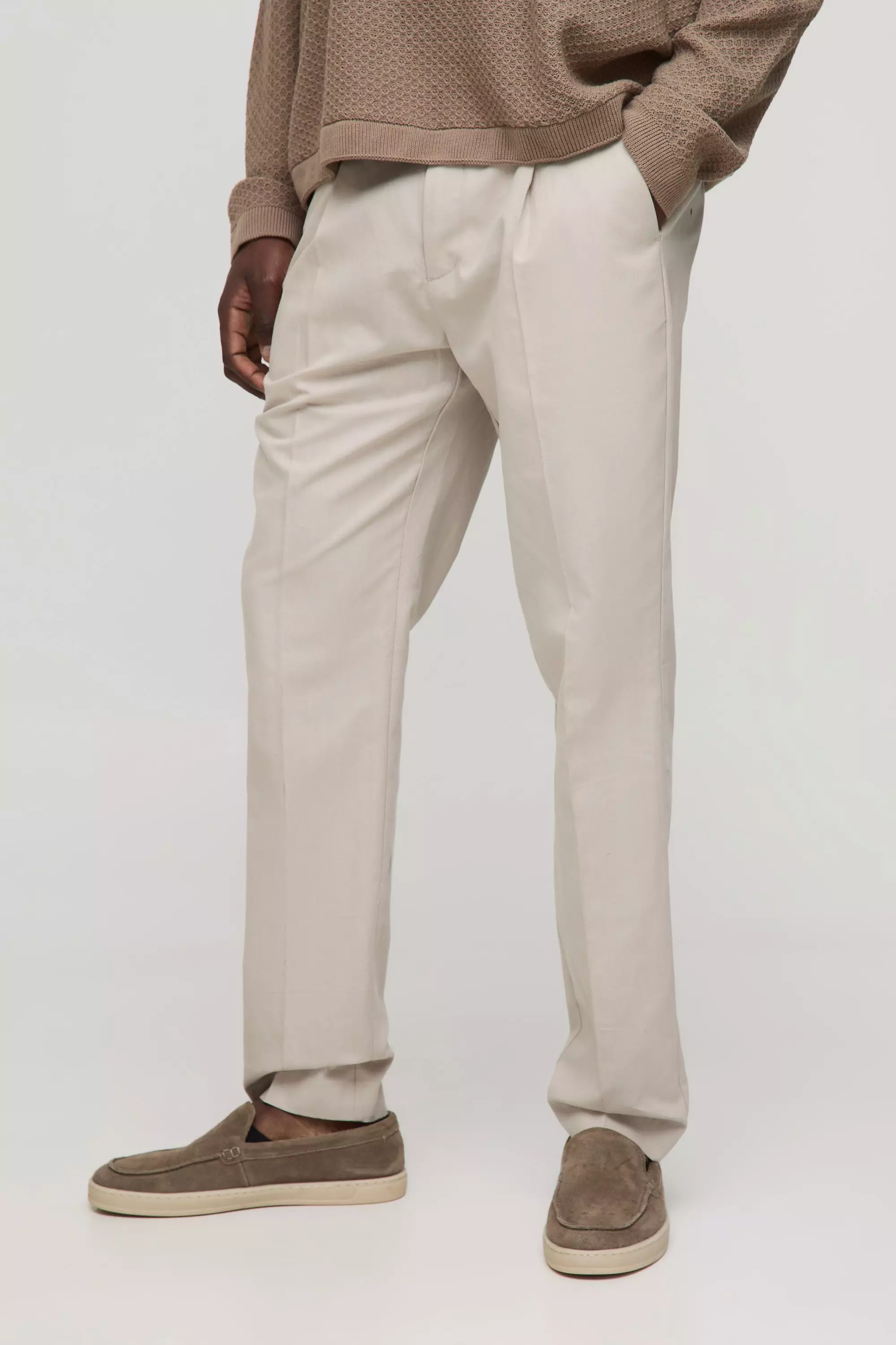 Slim Fit Linen Blend Crease Front Trouser Natural