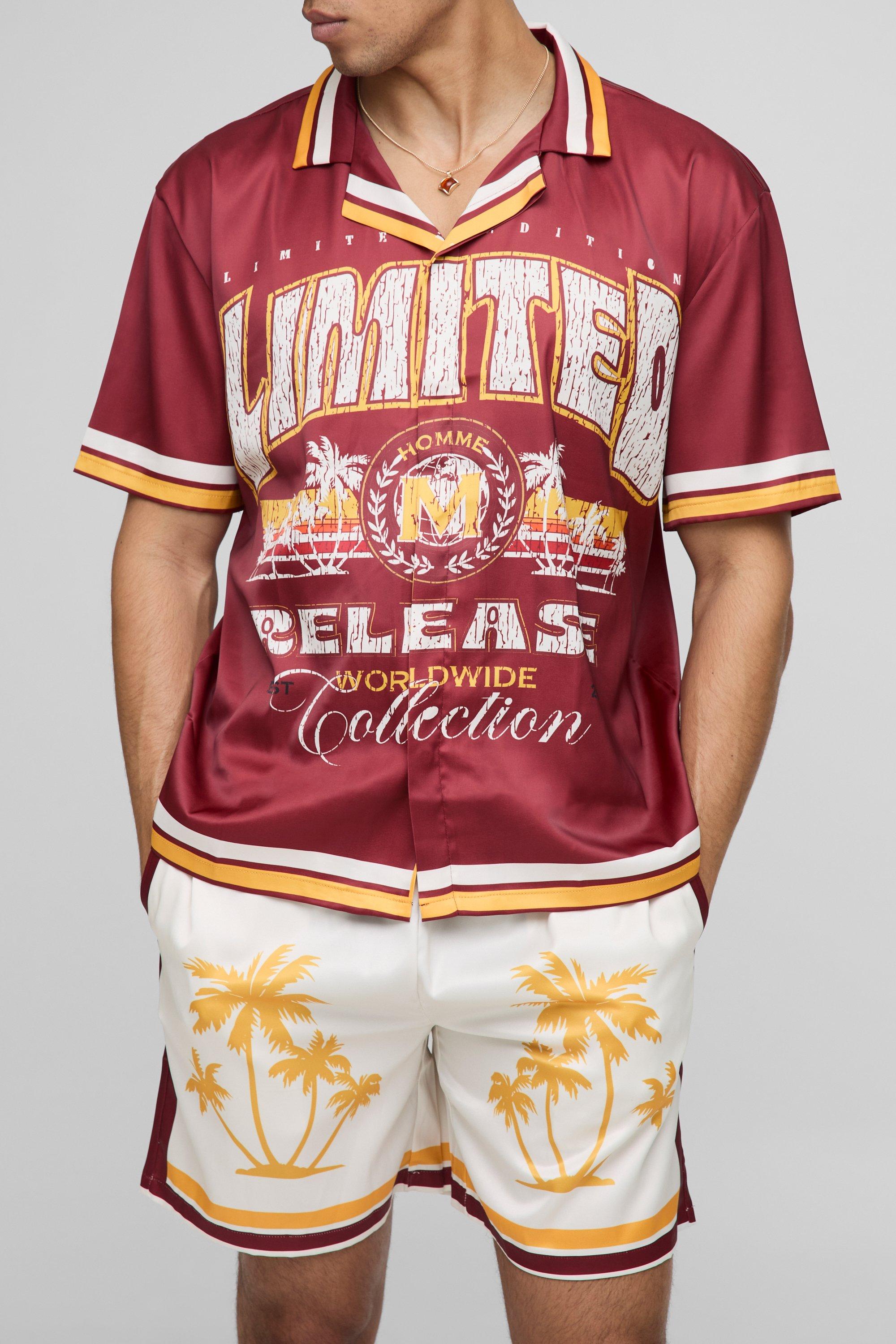 Oversized Limited Slogan Satin Printed Shirt & Short Set | boohooMAN USA