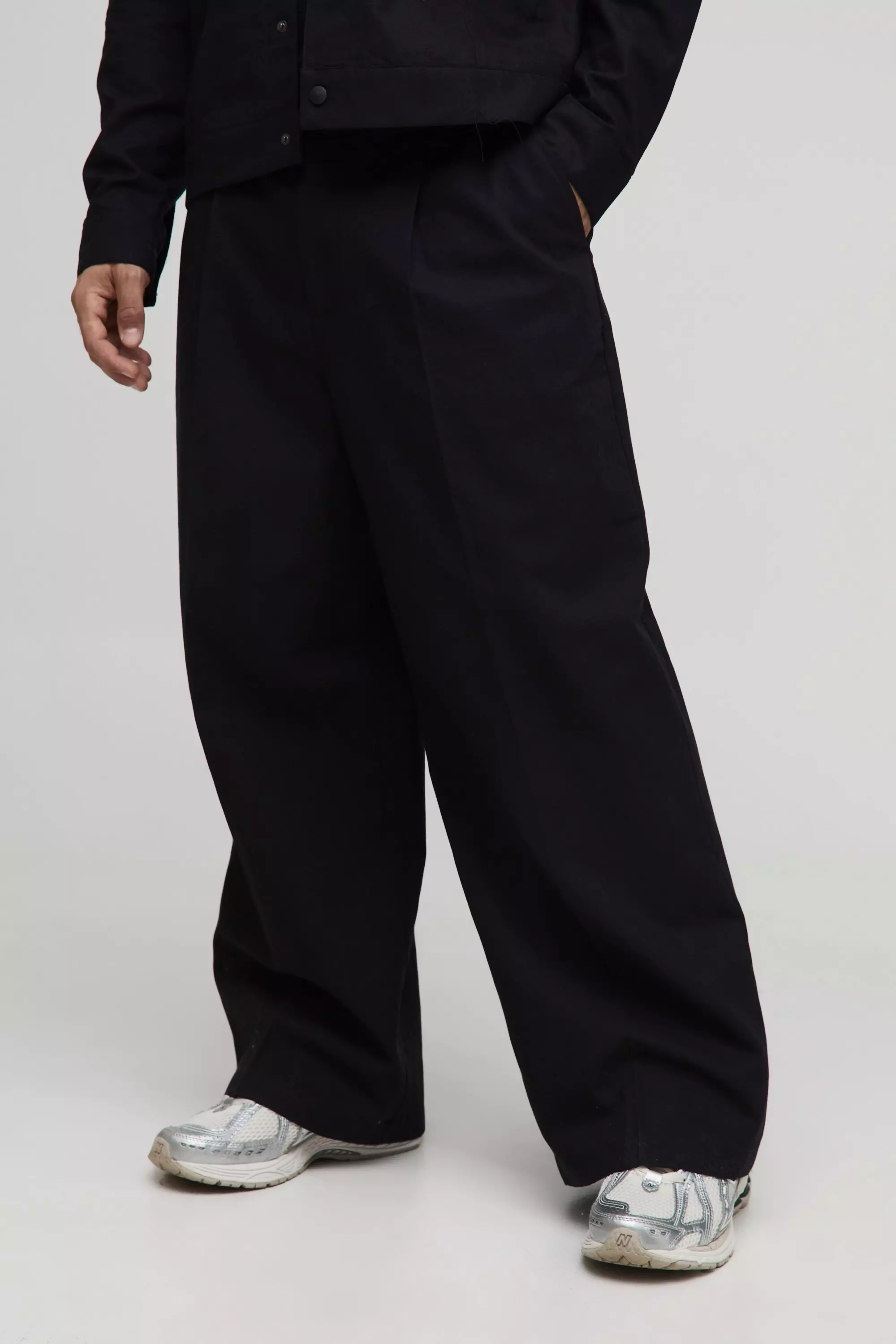 Wide Leg Pleat Front Linen Blend Fixed Waist Trouser Black