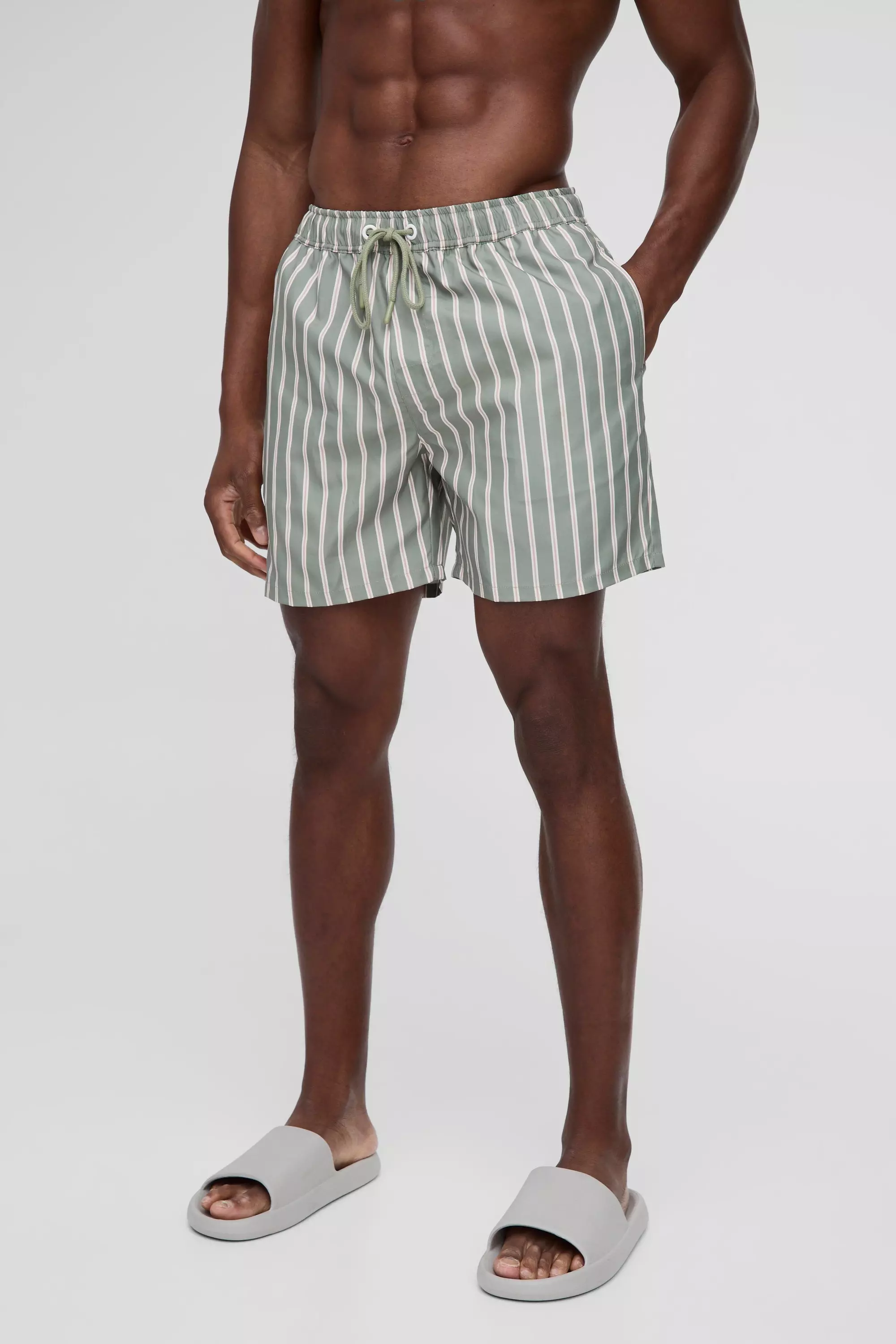 Khaki Mid Length Stripe Swim Short alternative image
