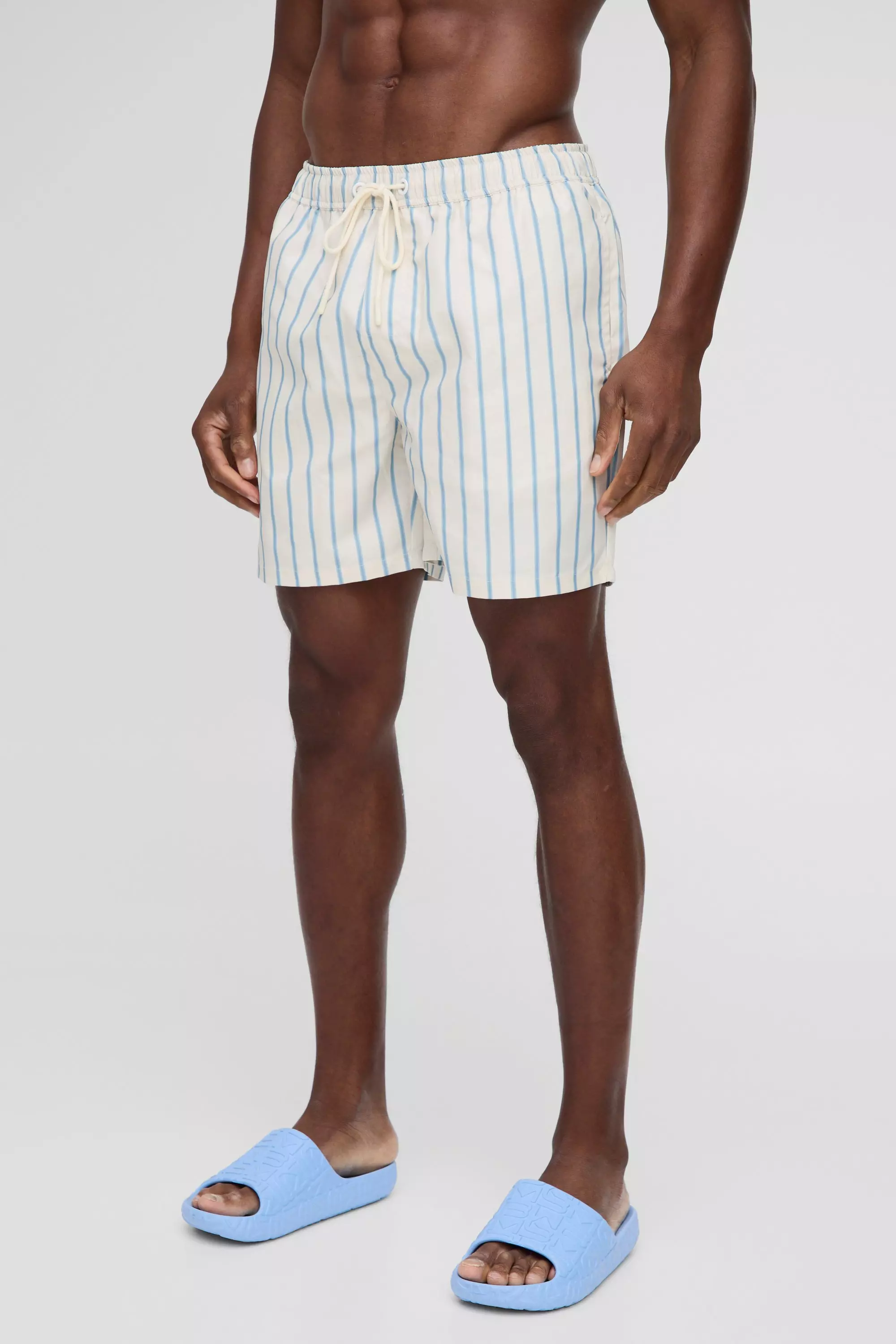 Ecru Mid Length Stripe Swim Trunks alternative image