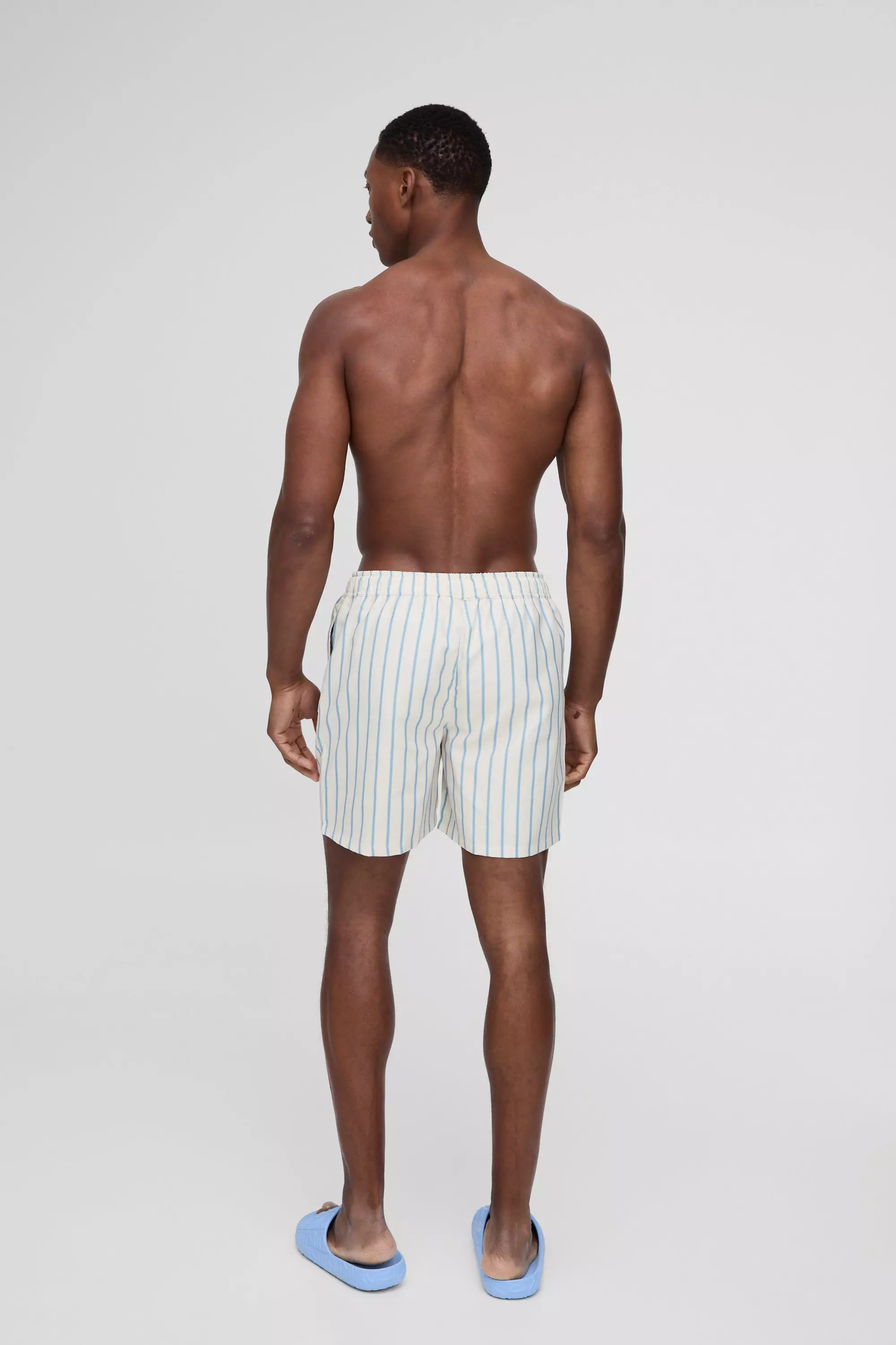 Ecru Mid Length Stripe Swim Trunks alternative image