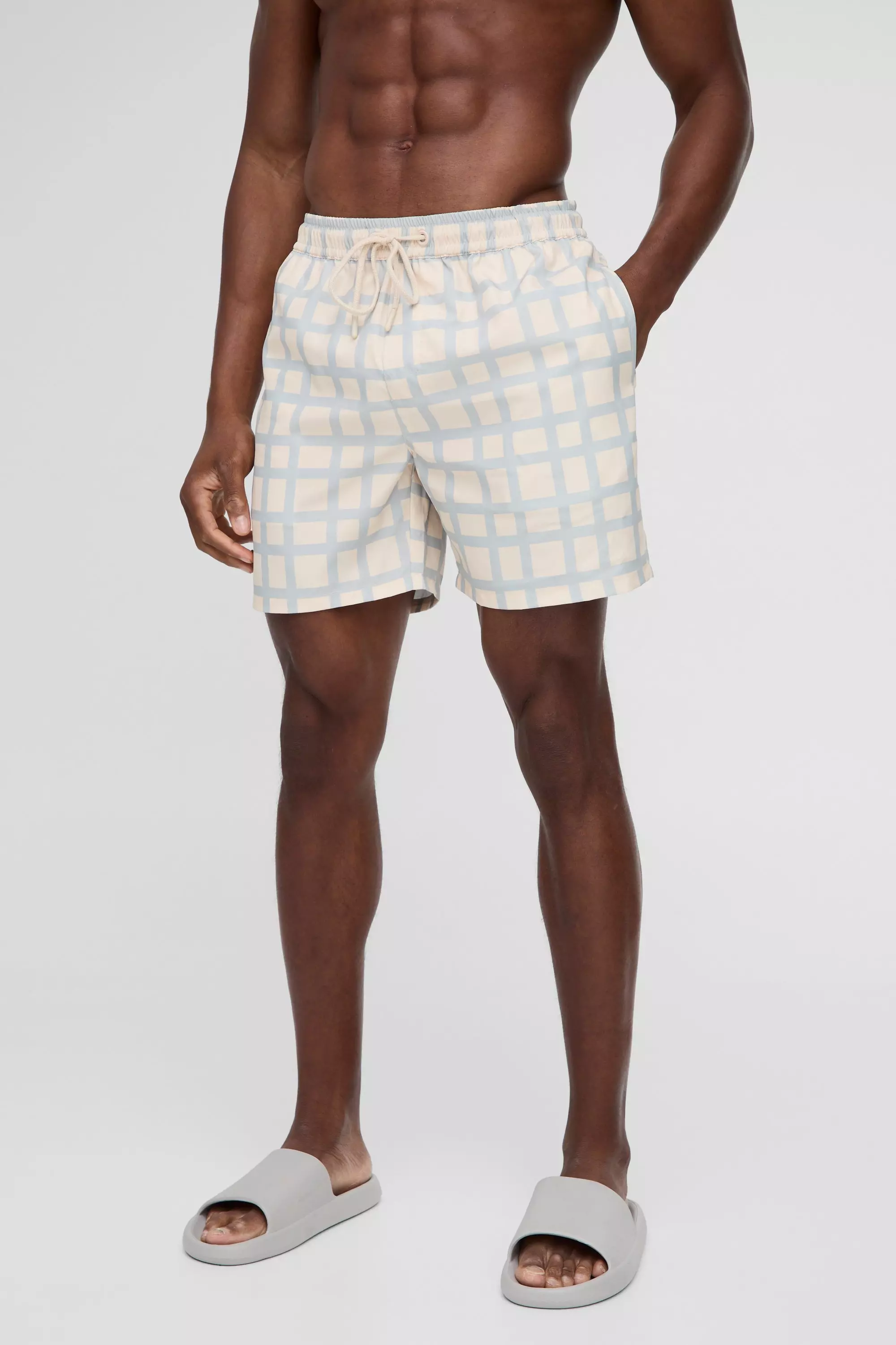 Mittellange karierte Badehose, Ecru alternatives Bild