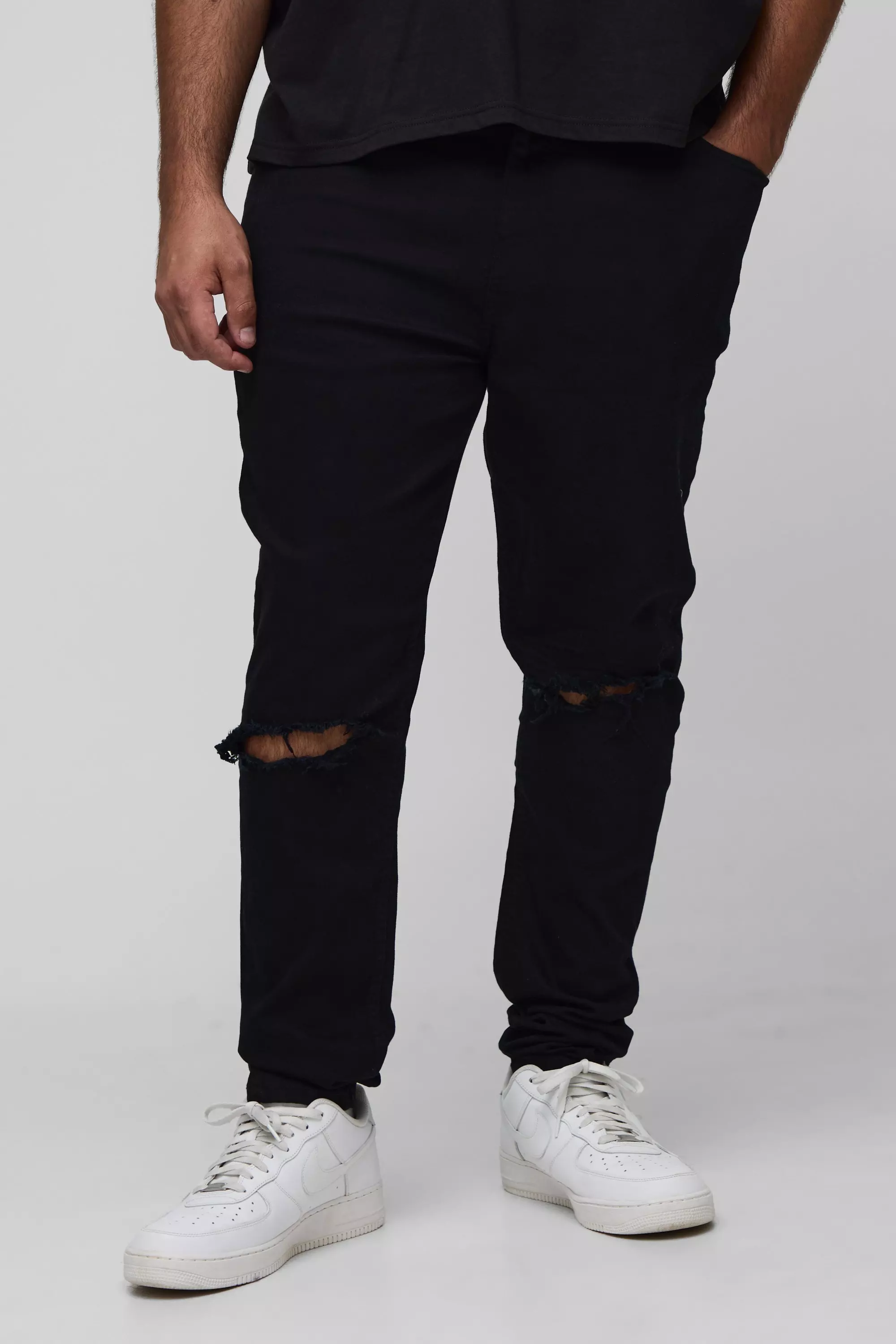 Plus Busted Knee Skinny Stacked Jeans True black