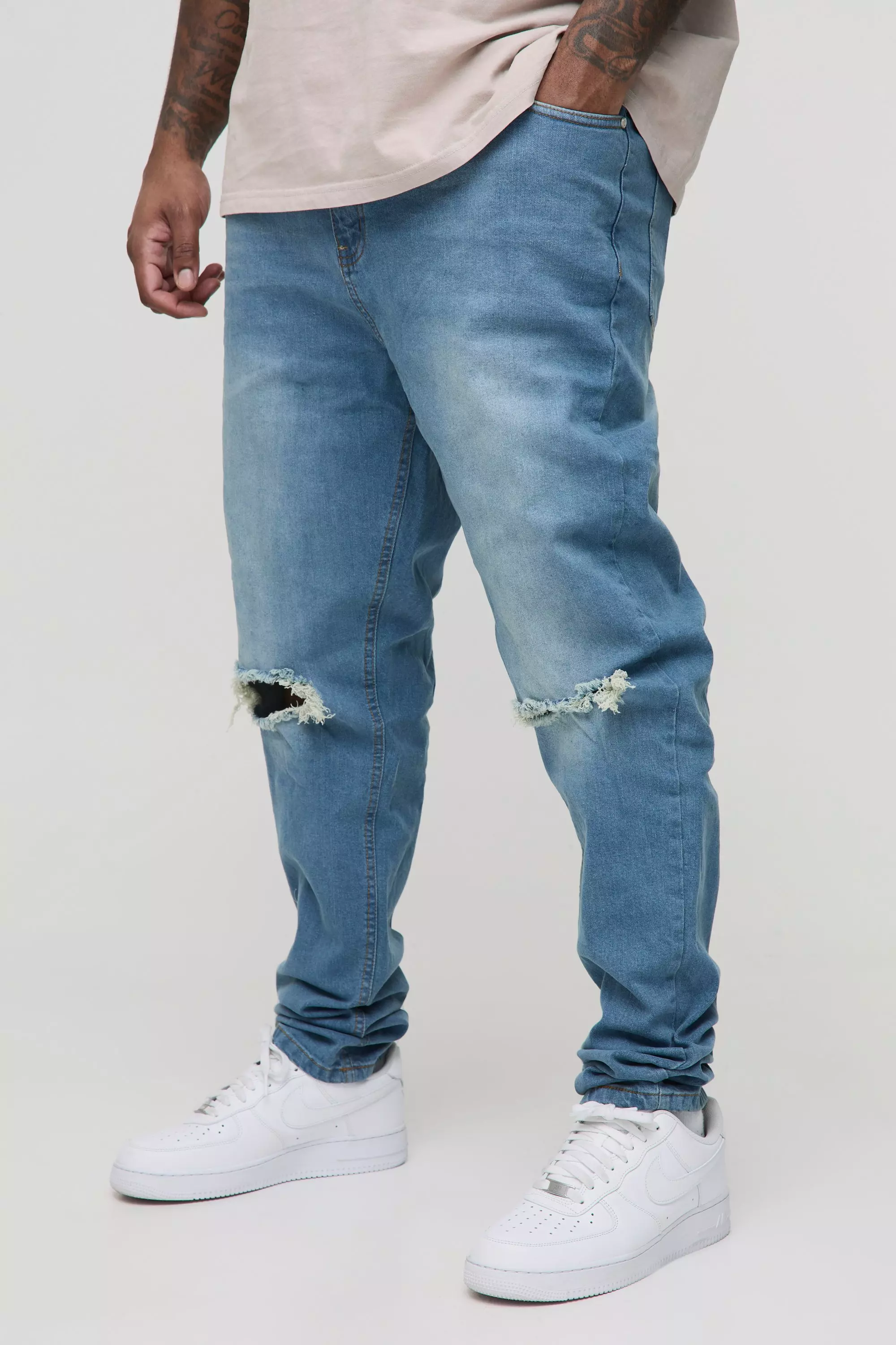 Plus Busted Knee Skinny Stacked Jeans Vintage blue