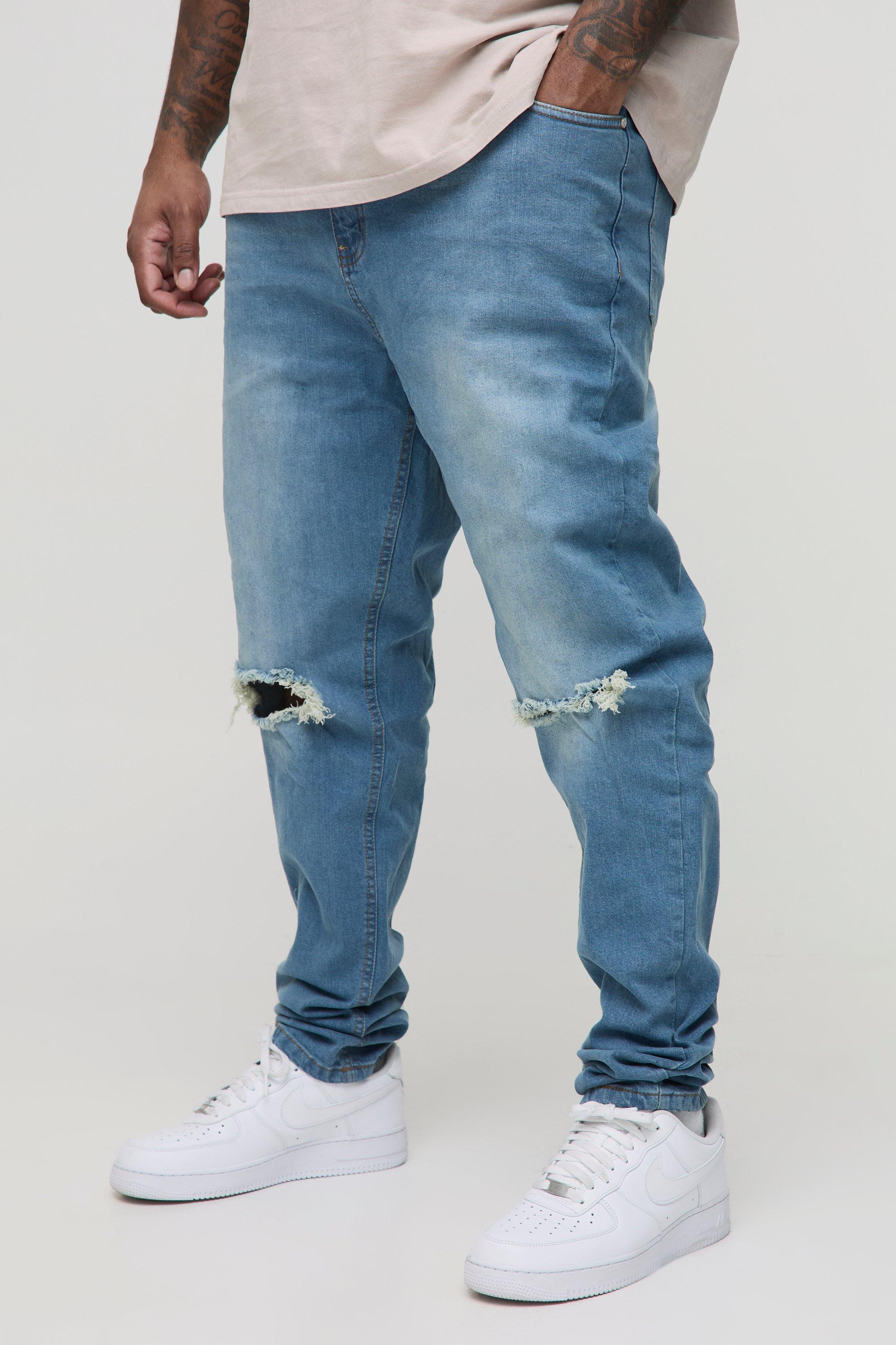 Plus Busted Knee Skinny Stacked Jeans | boohooMAN USA