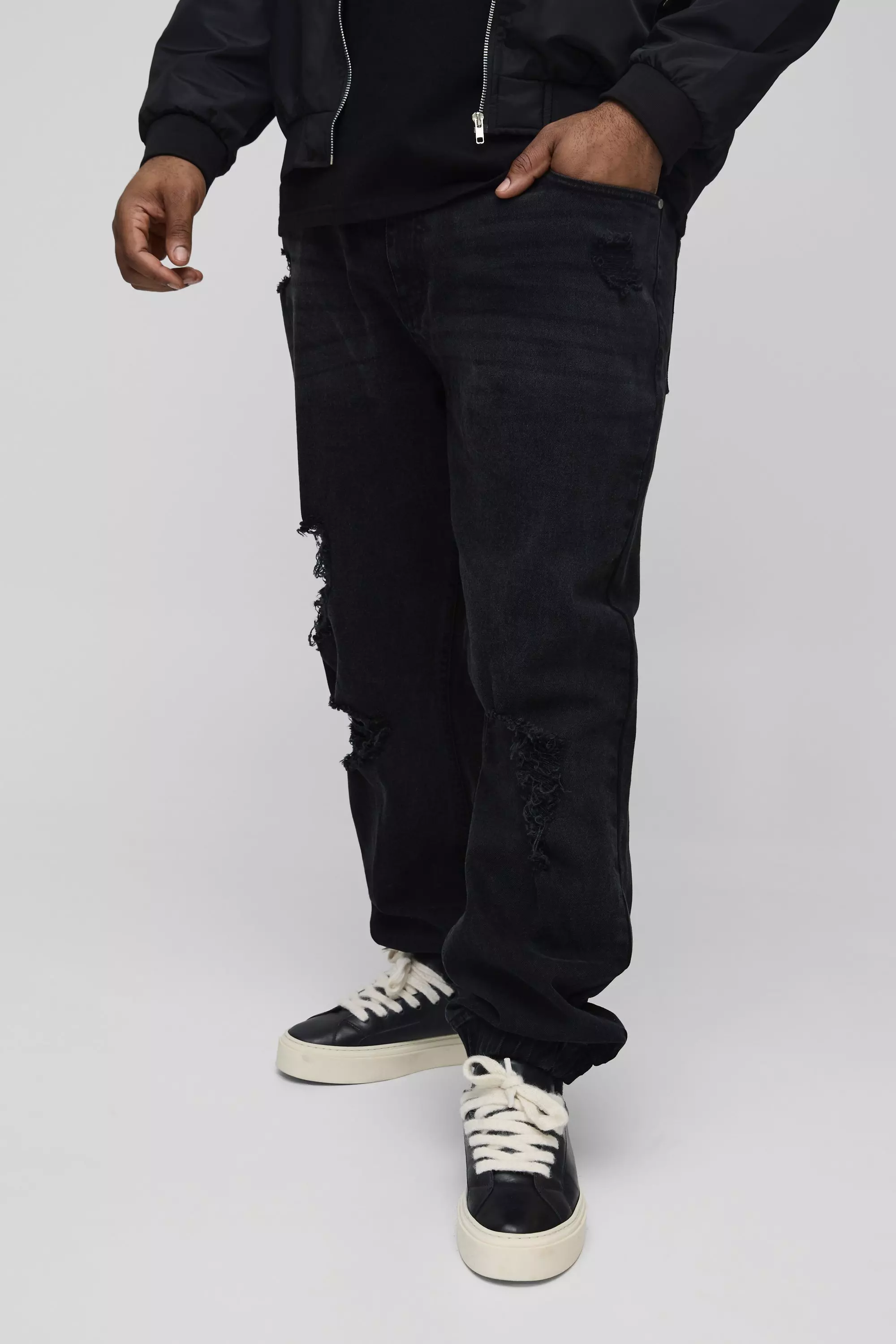 Black Plus Ripped Denim Cuffed Slim Fit Jeans
