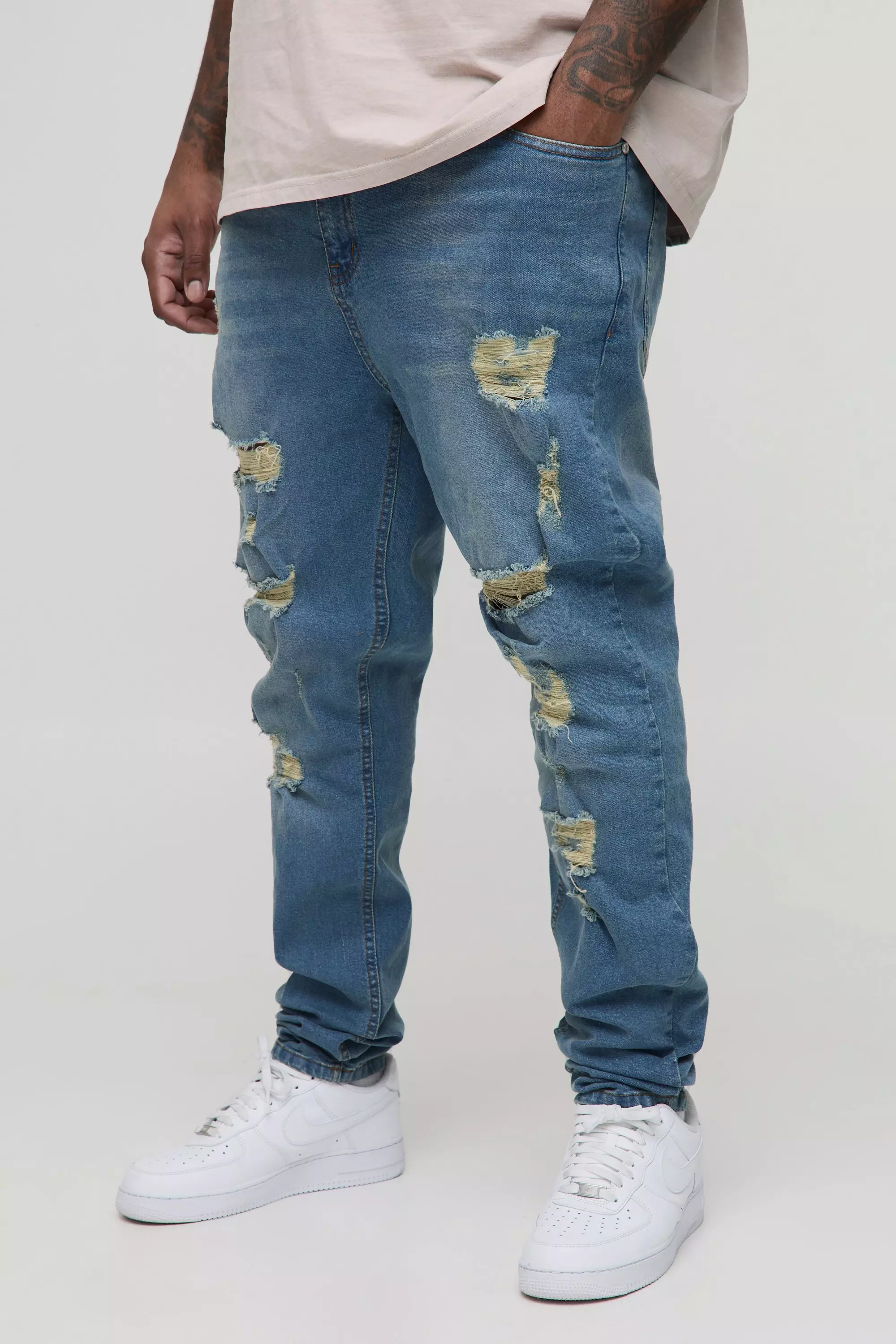 Plus Multi Rip Skinny Stacked Jeans Antique blue
