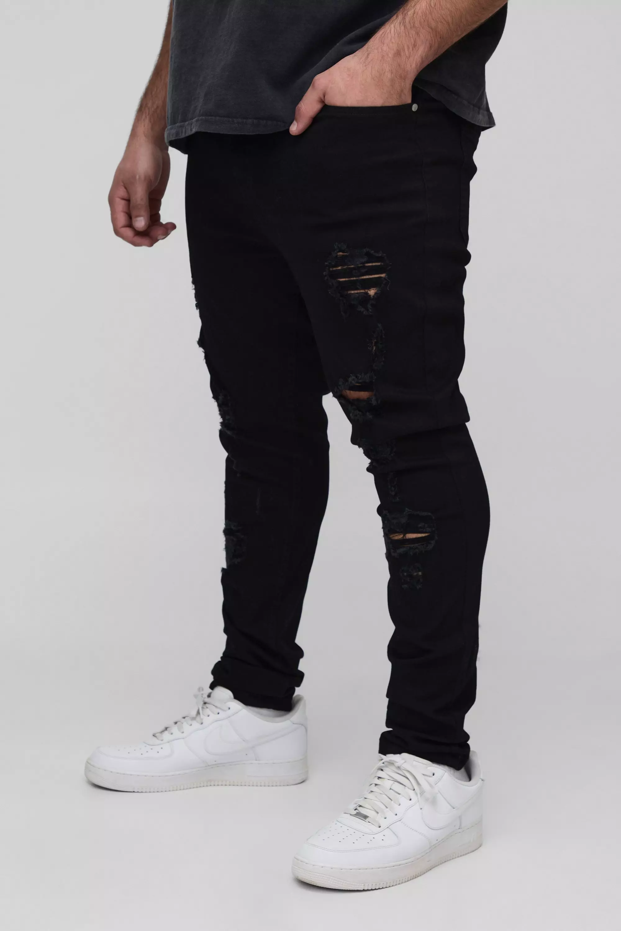 Plus Multi Rip Skinny Stacked Jeans True black