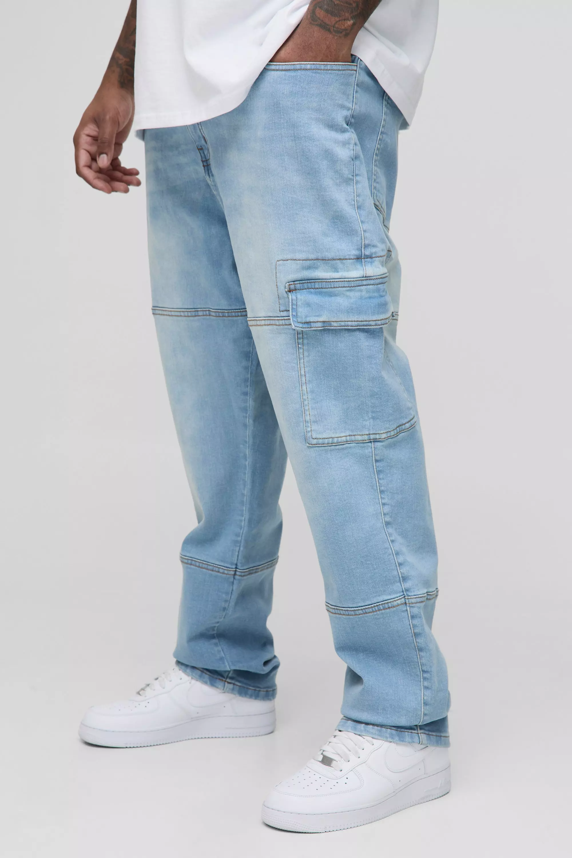 Plus Seam Detail Cargo Slim Fit Jeans Light wash