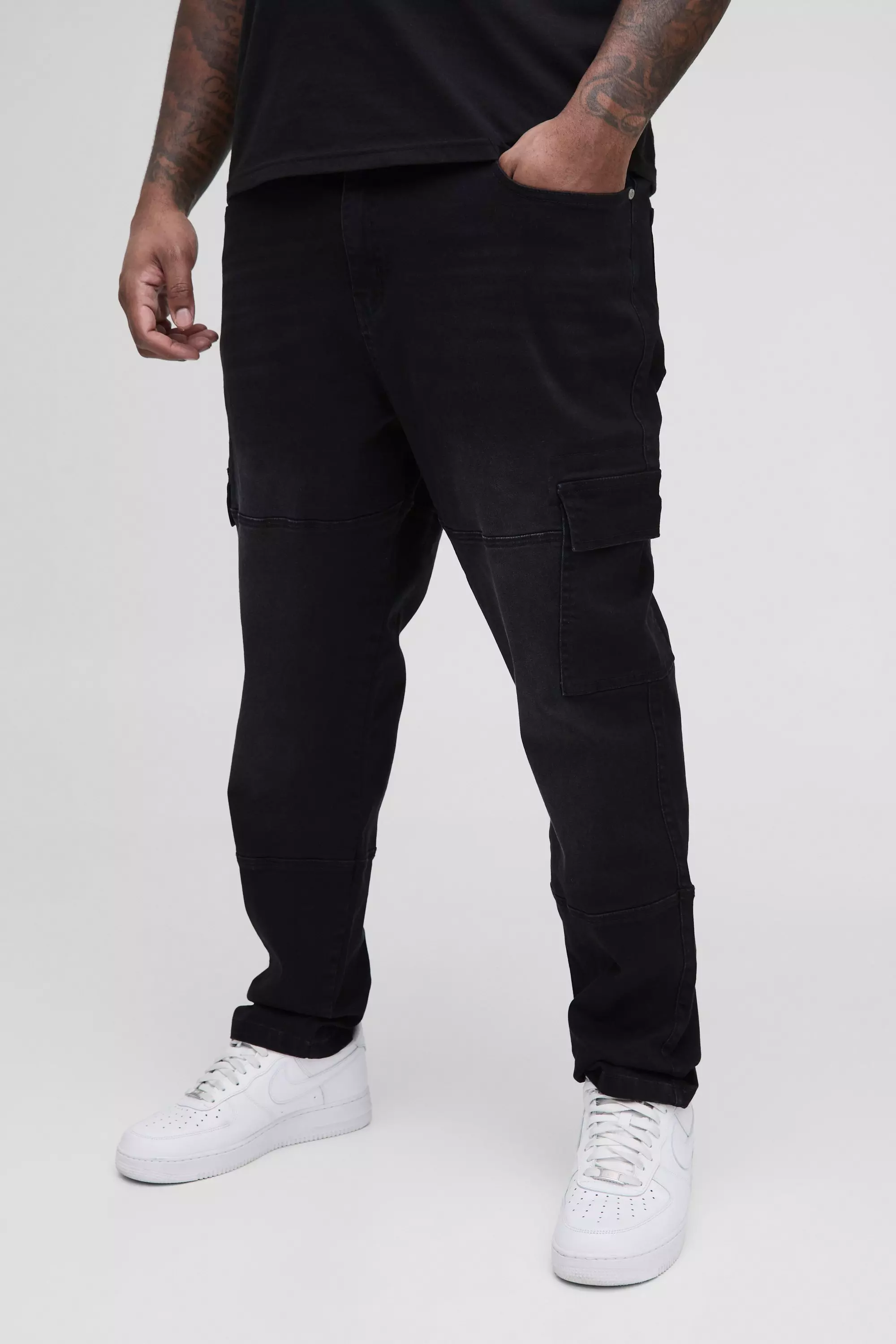 Plus Seam Detail Cargo Slim Fit Jeans Washed black