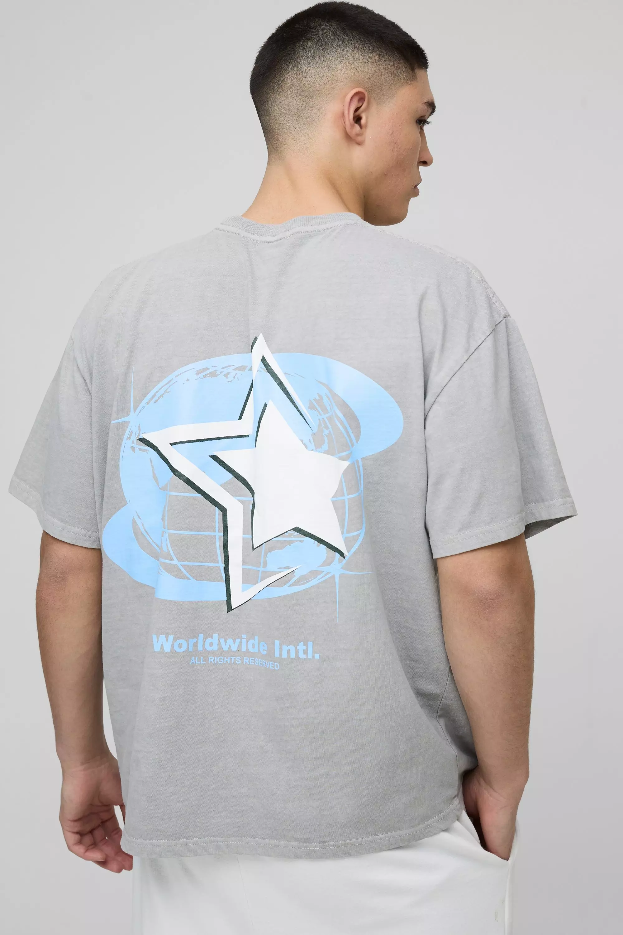 Grey Oversized Official Globe Star Print Washed T-Shirt